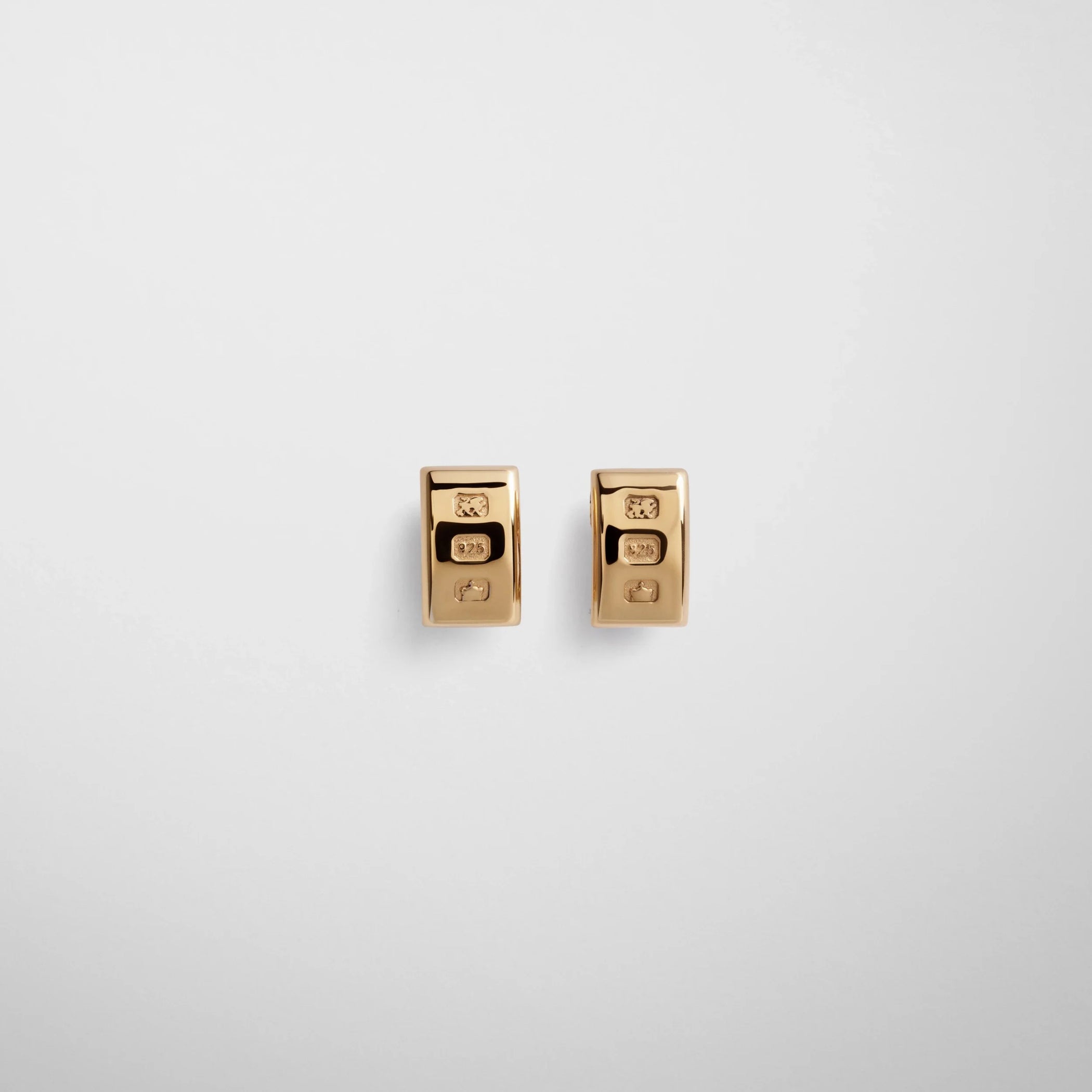 Flat front view of hallmark earrings in gold plated sterling silver.