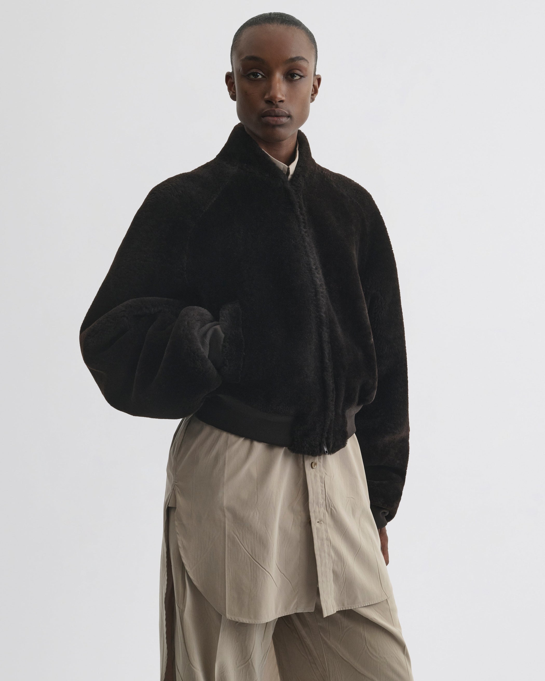 Front view of Super Soft Bomber Jacket in deep brown shearling
