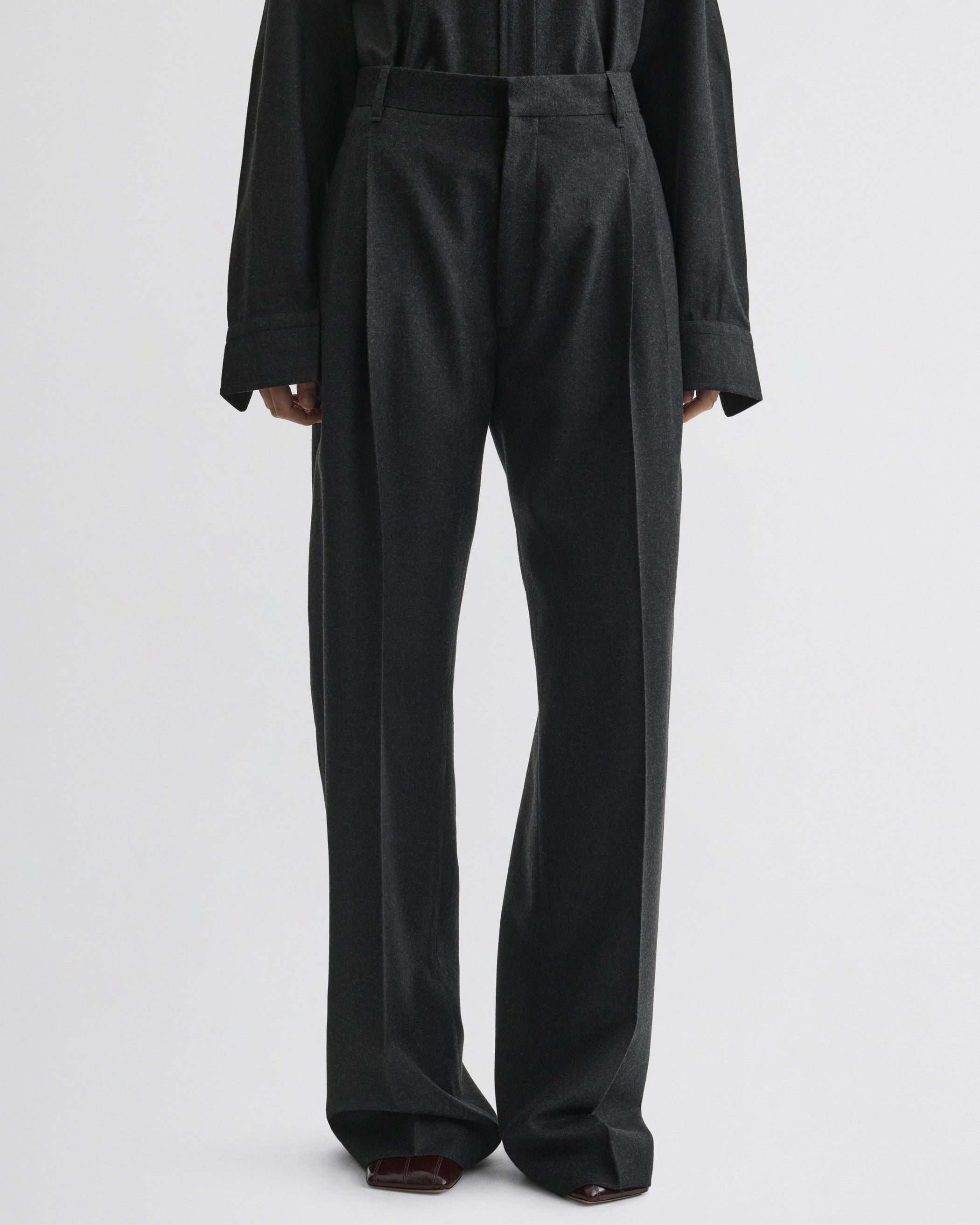 Front view of Double Pleat Trousers in charcoal wool