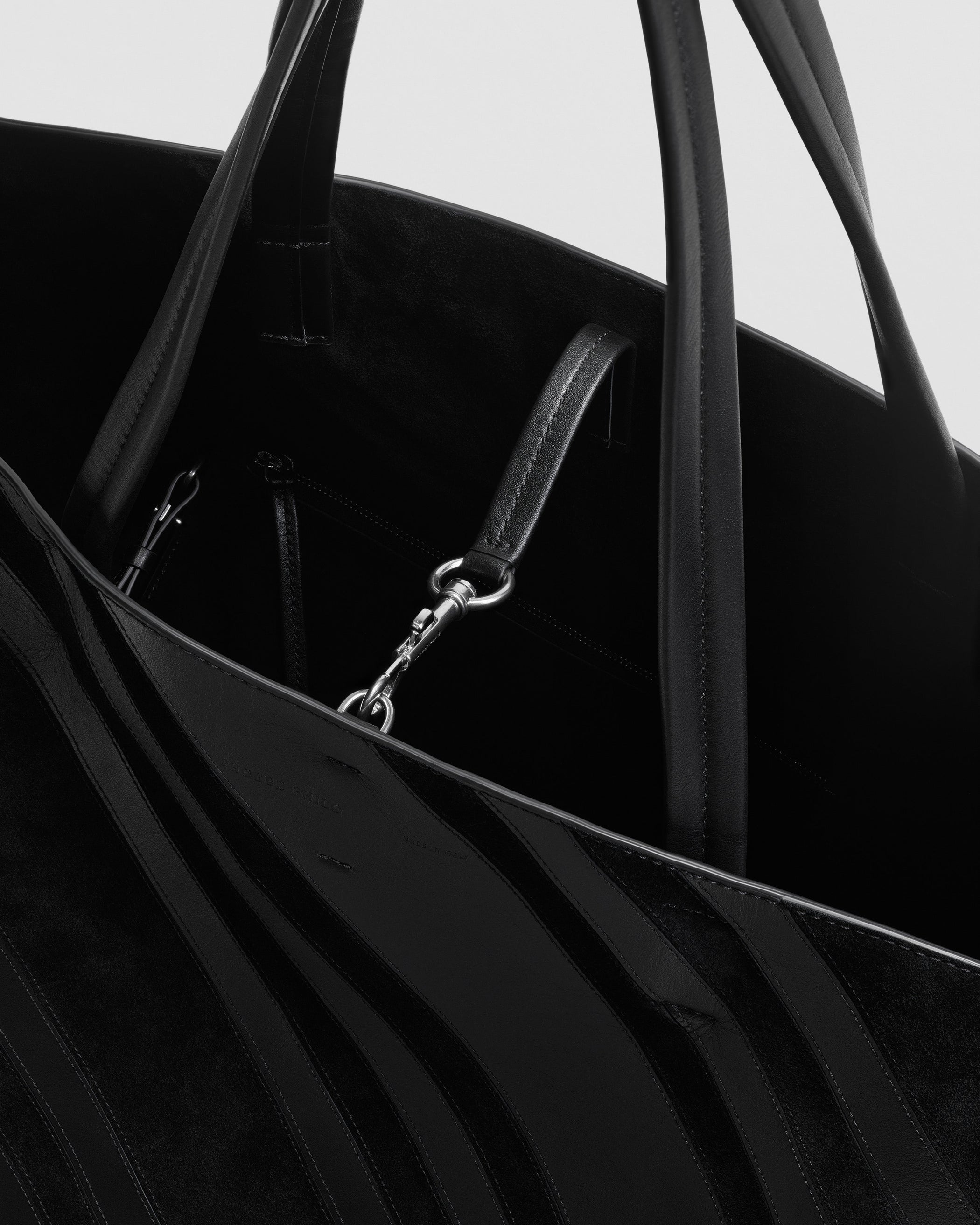 Close up detail view of BASKET CABAS BAG in black leather and suede