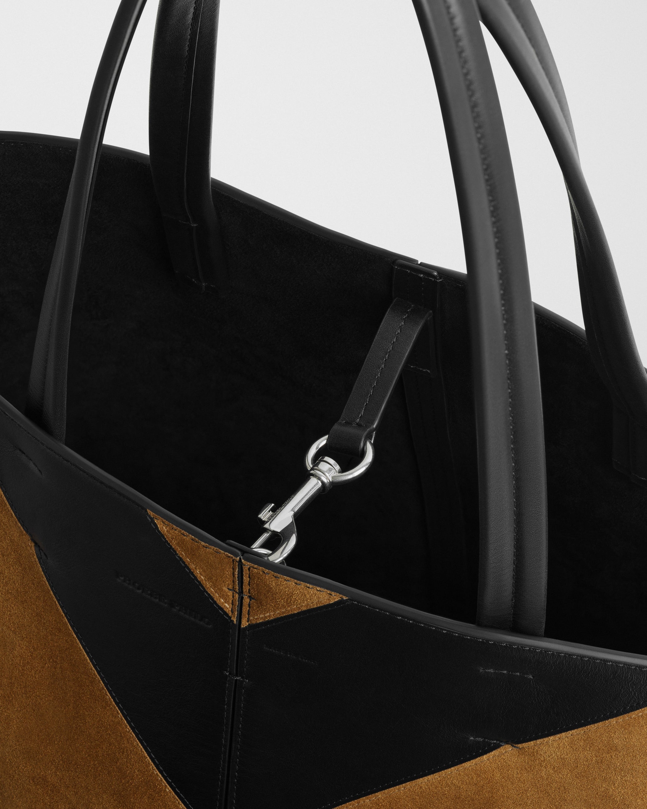 view of POT CABAS BAG in black leather and toffee suede