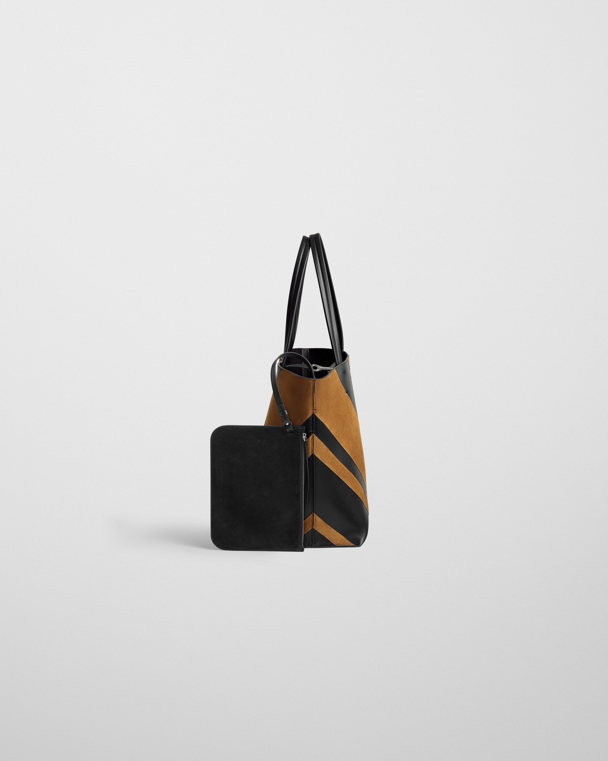 view of POT CABAS BAG in black leather and toffee suede