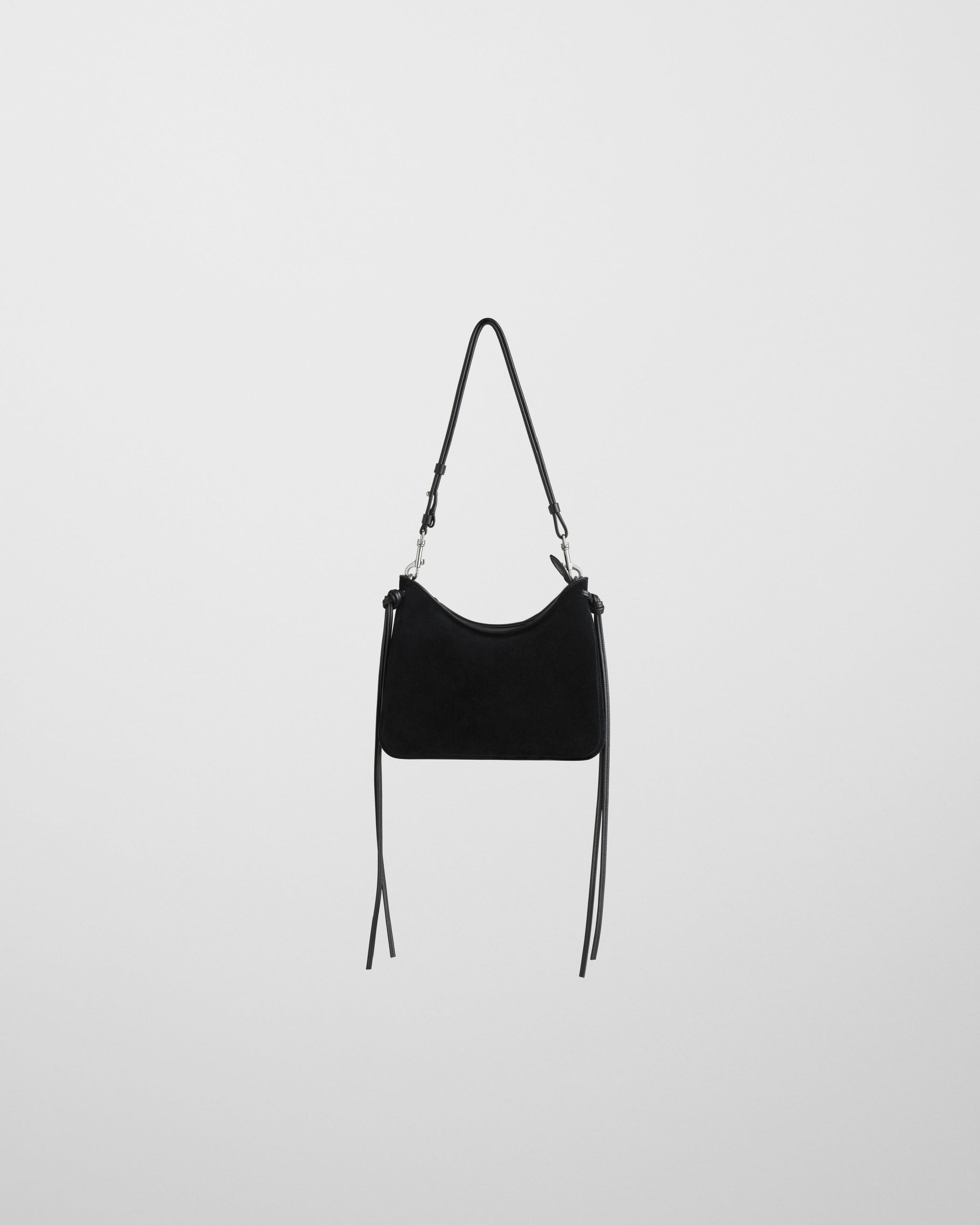 Flat front view of SMALL GIG BAG in black suede