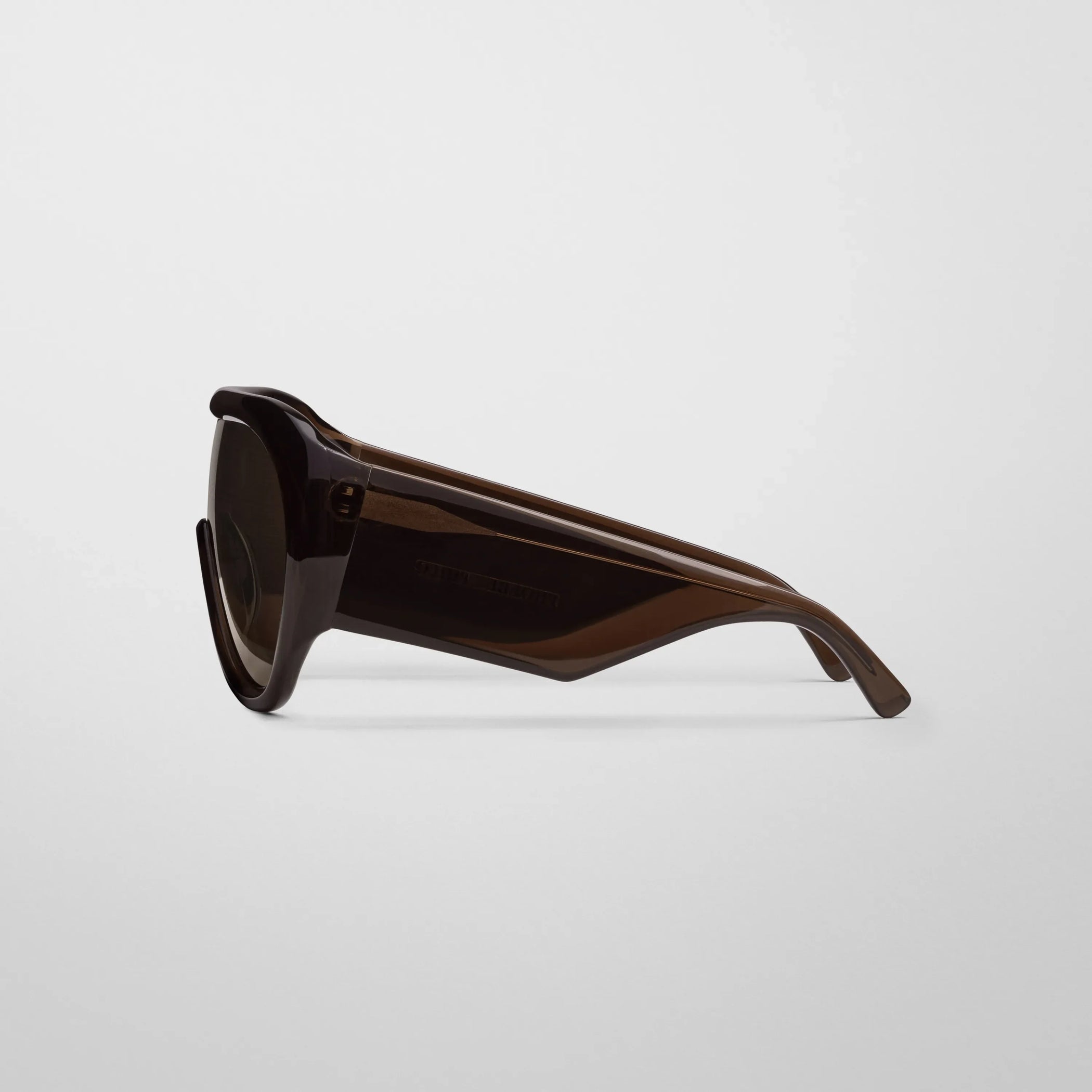Side view of bombé sunglasses in brown acetate.