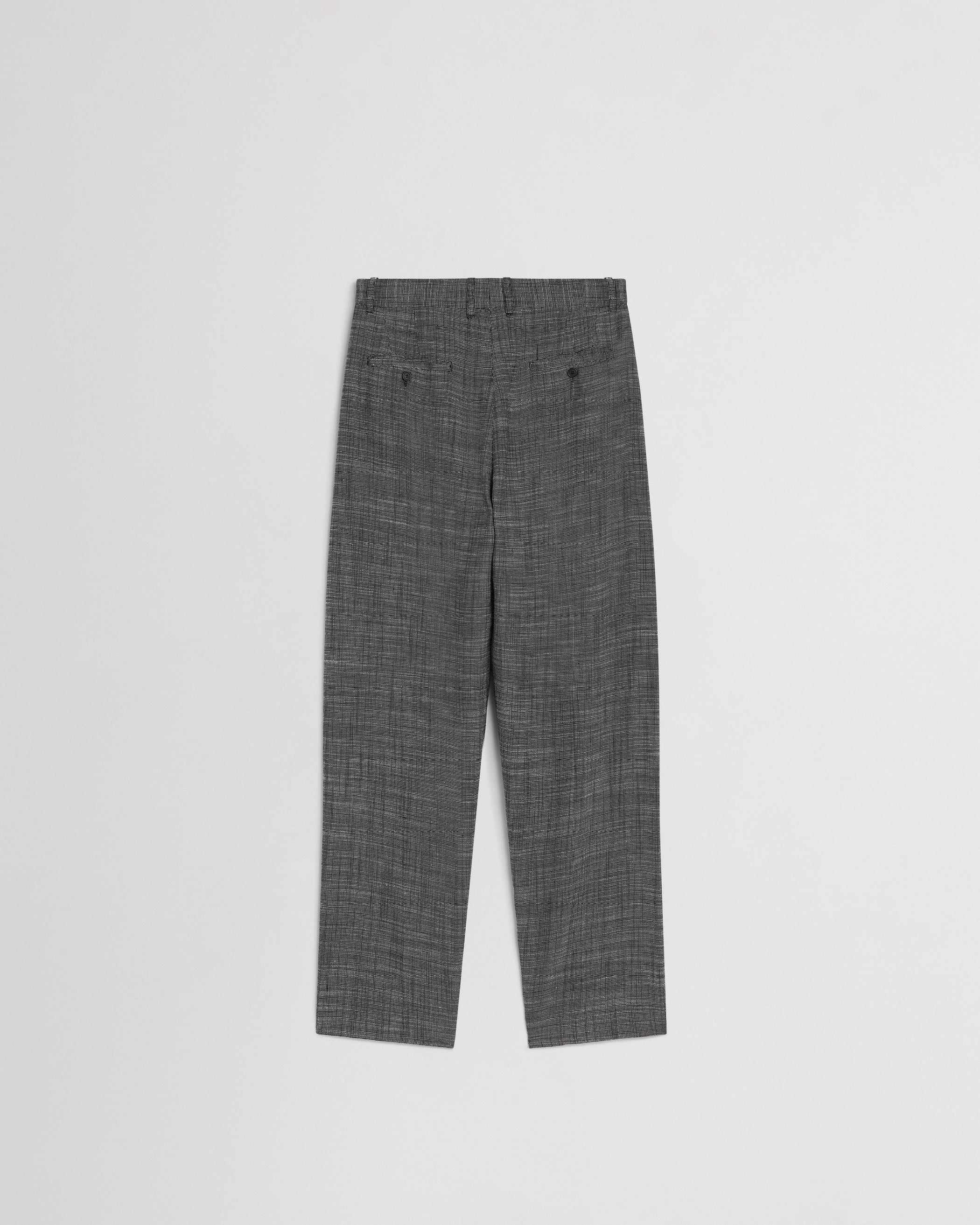 Flat back view of DROP TROUSERS in blue grey melange woven viscose