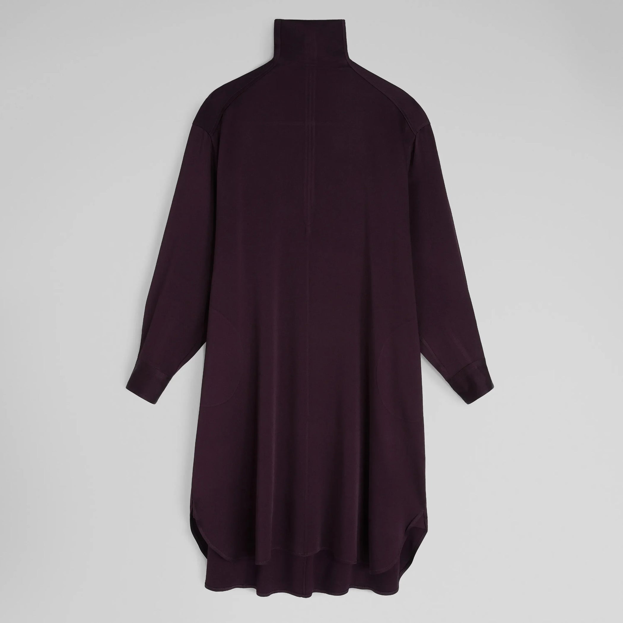 Flat front view of DRESS in dark berry satin back crepe
