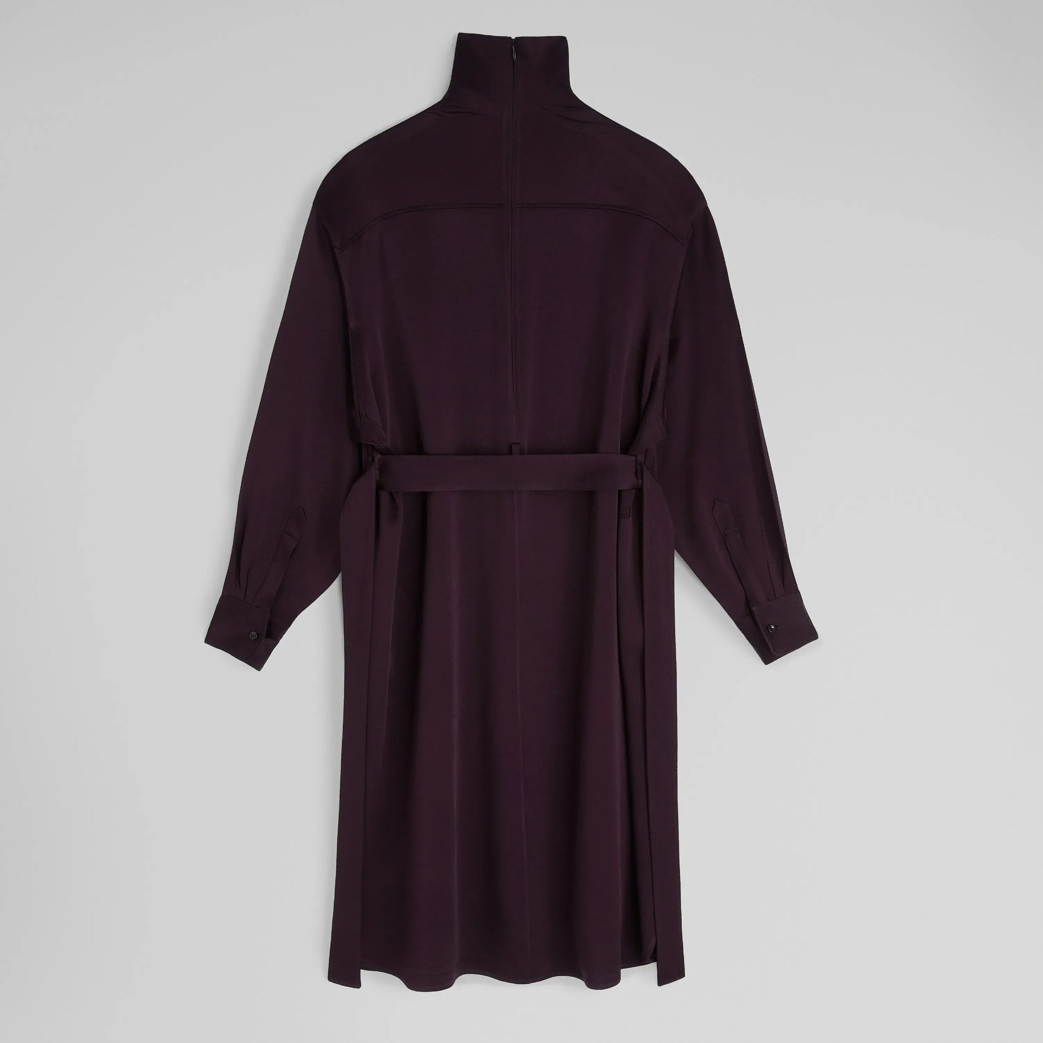 Flat back view of DRESS in dark berry satin back crepe