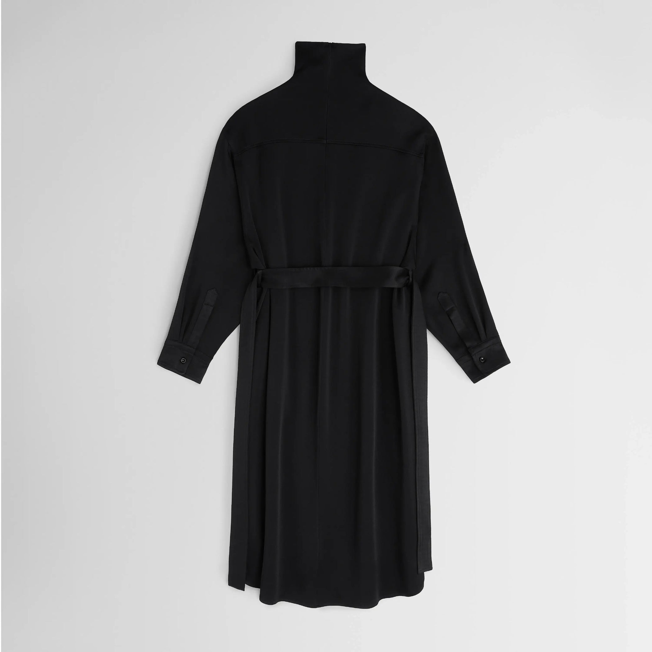Back flat lay of dress in black satin-back crepe.