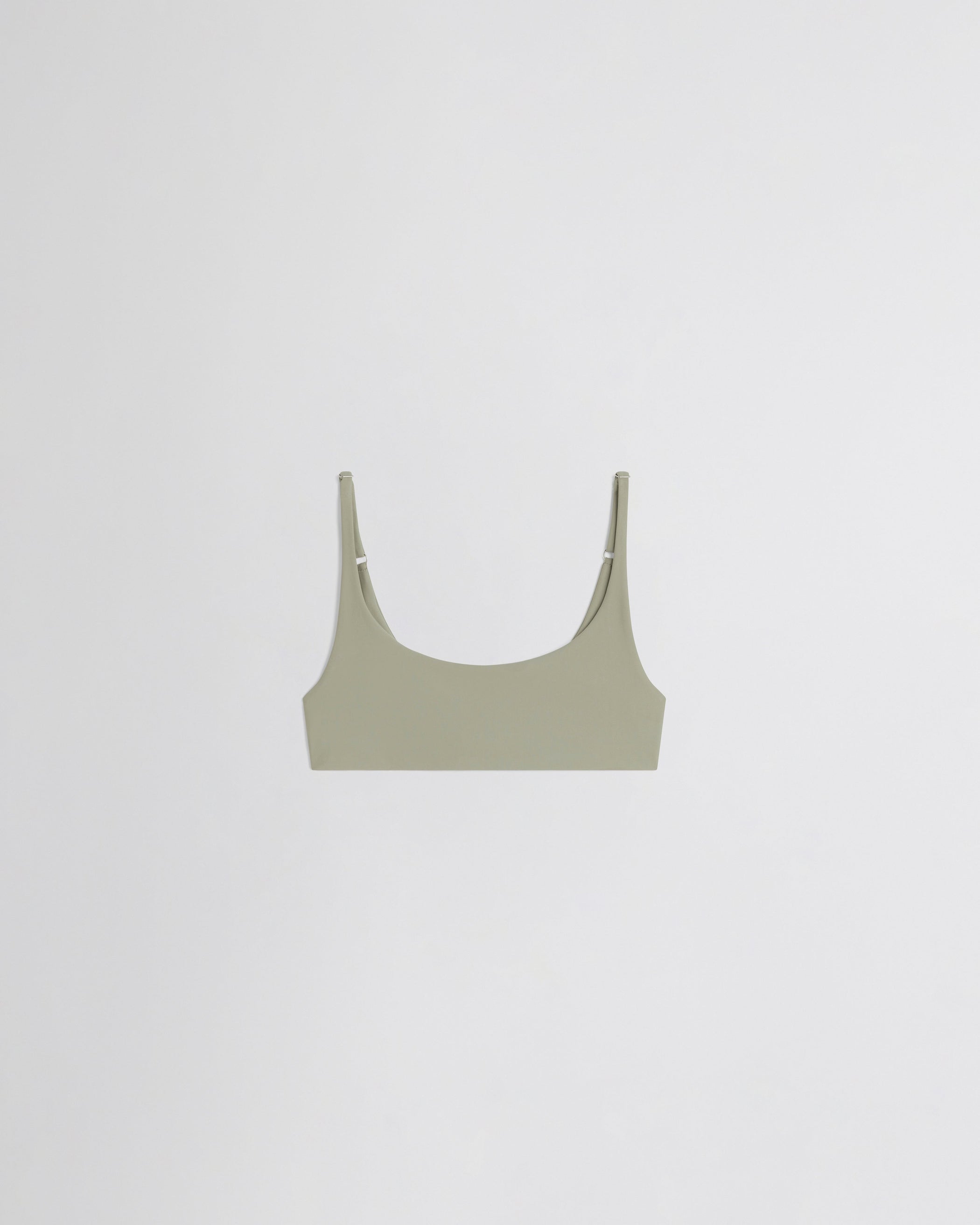 Flat front view of SCOOP BIKINI TOP in light sage polyamide