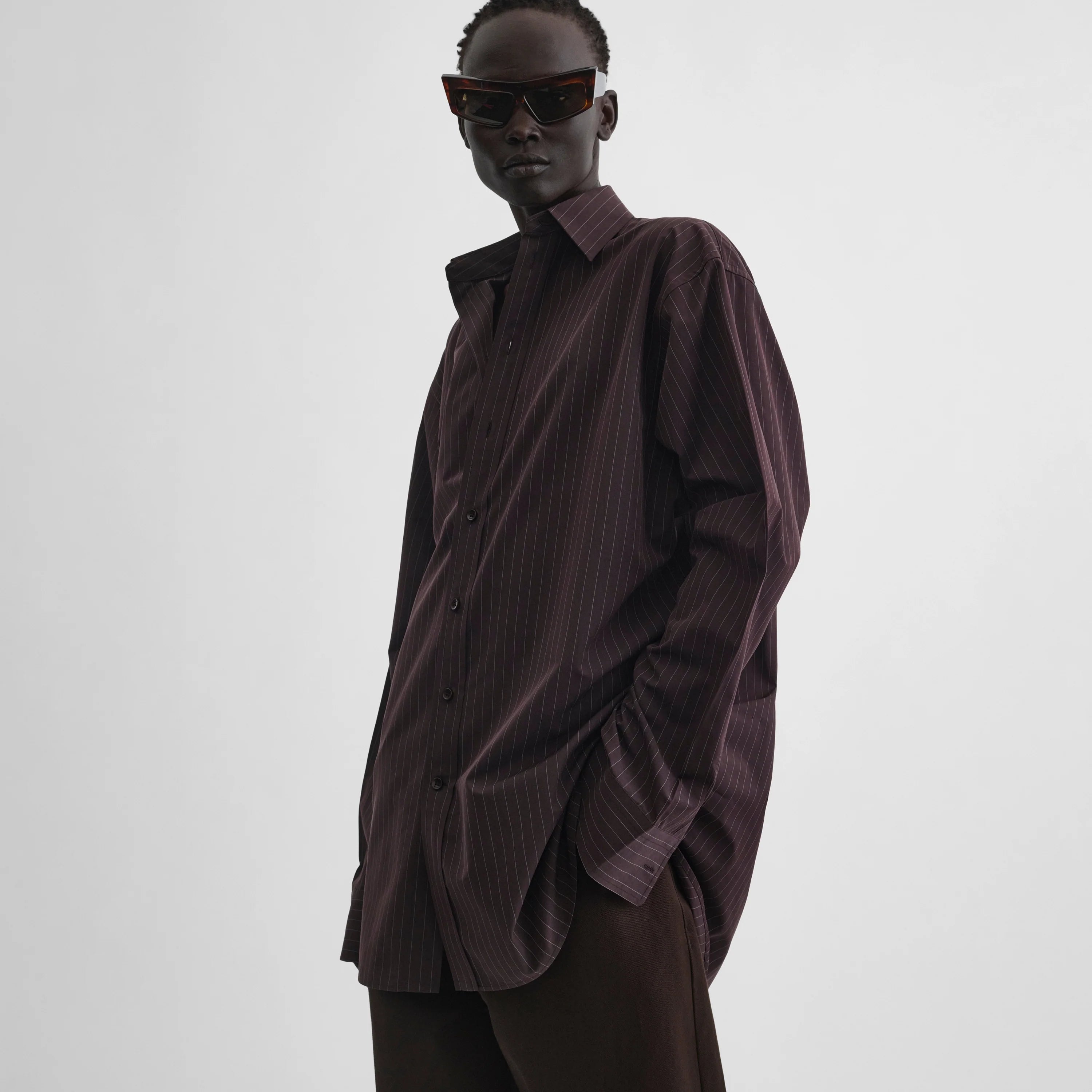 PHOEBE PHILO | SHARP COLLAR SHIRT | BLACK CHERRY PINSTRIPE