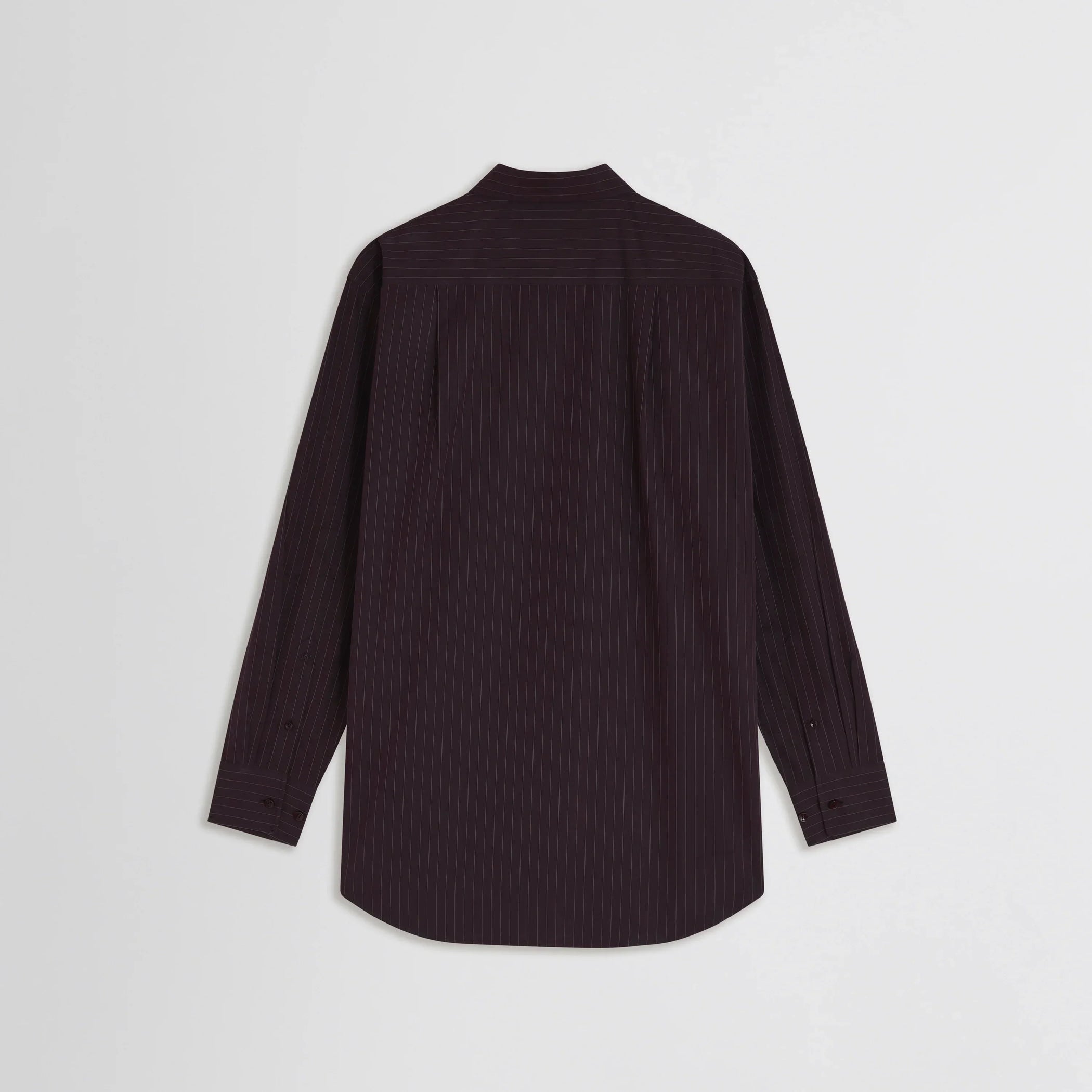 Flat back view of sharp collar shirt in black cherry pinstripe cotton
