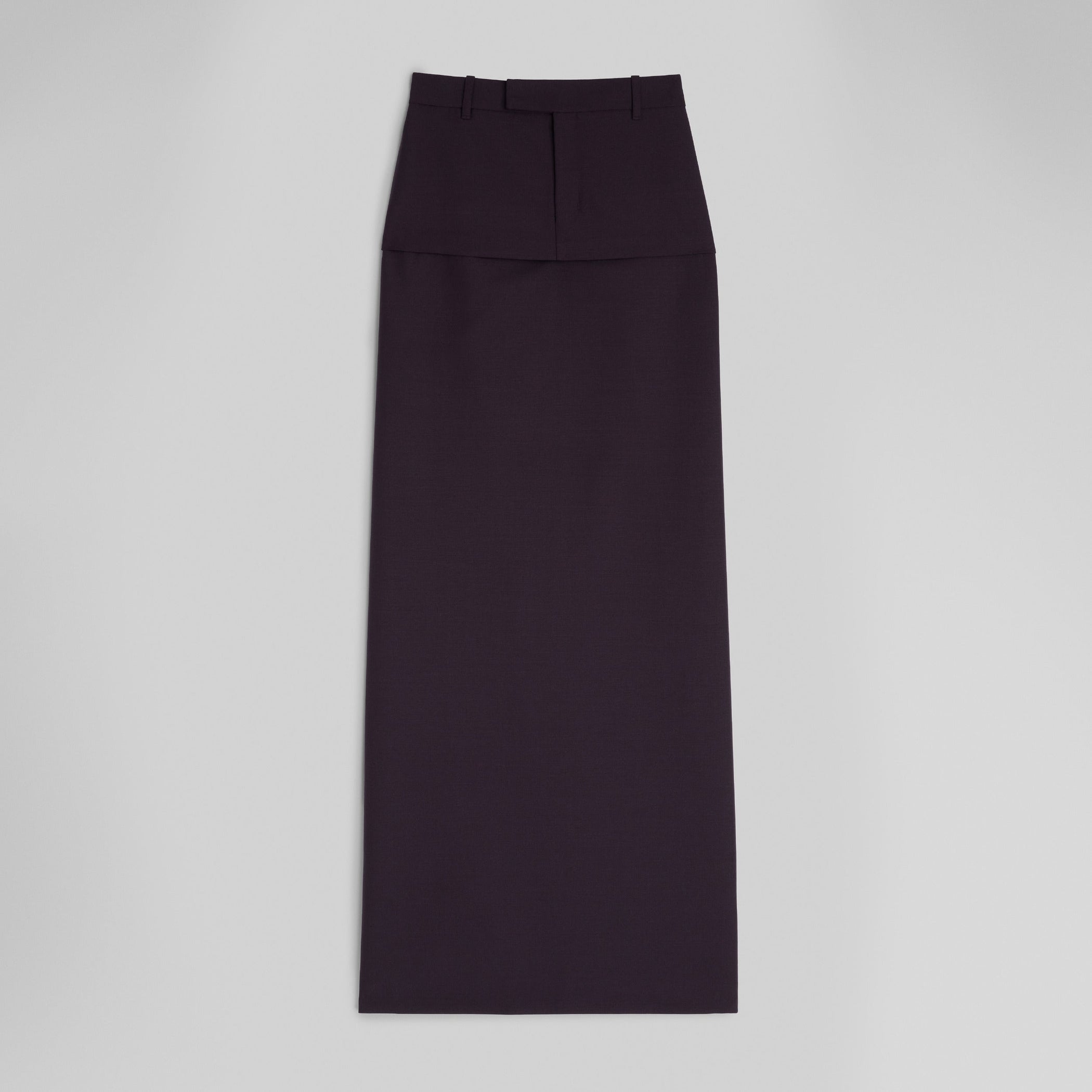 Flat front view of HIGH SLIT TAILORED COLUMN SKIRT in berry wool