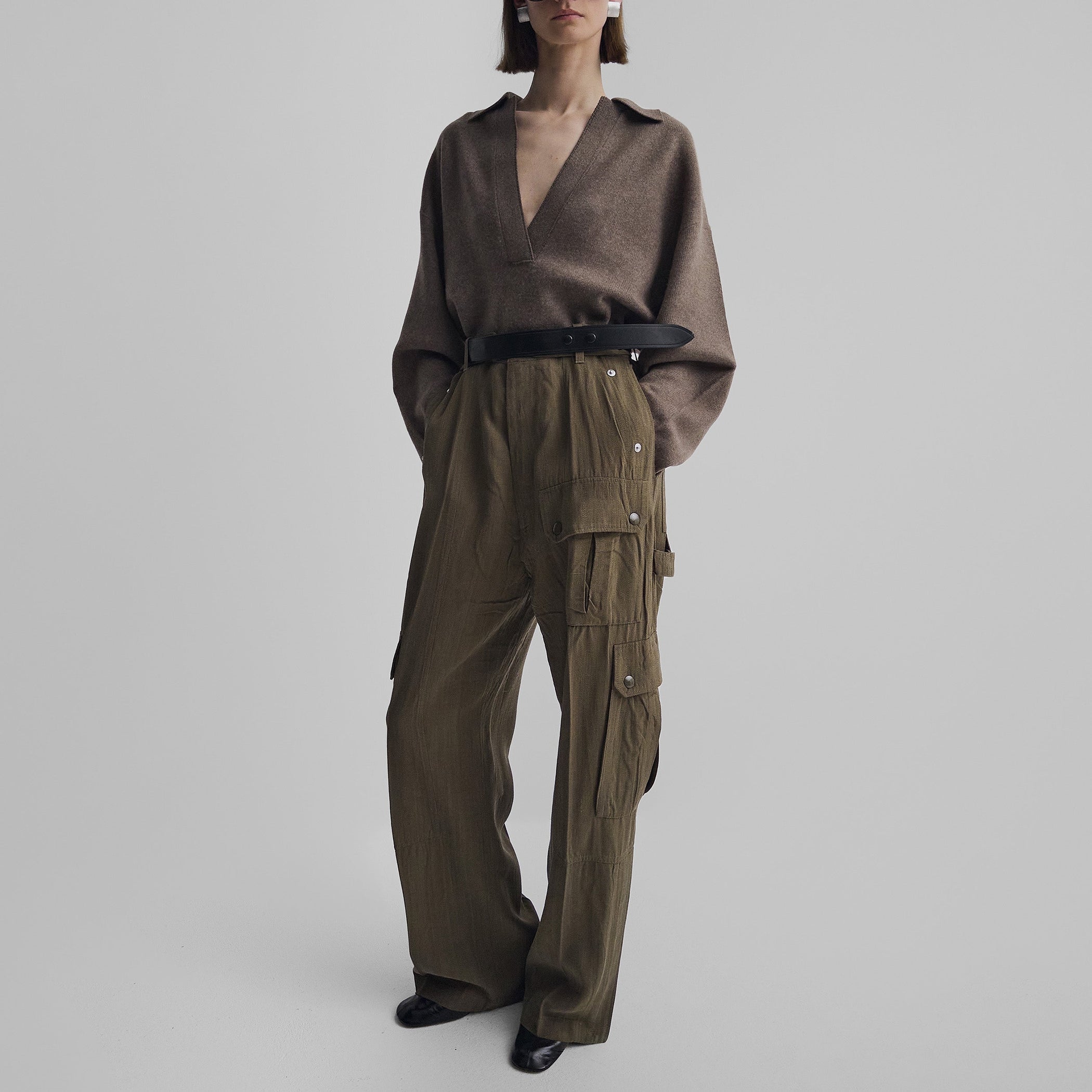 Front view of model wearing SOFT SHIRT COLLAR JUMPER in dun