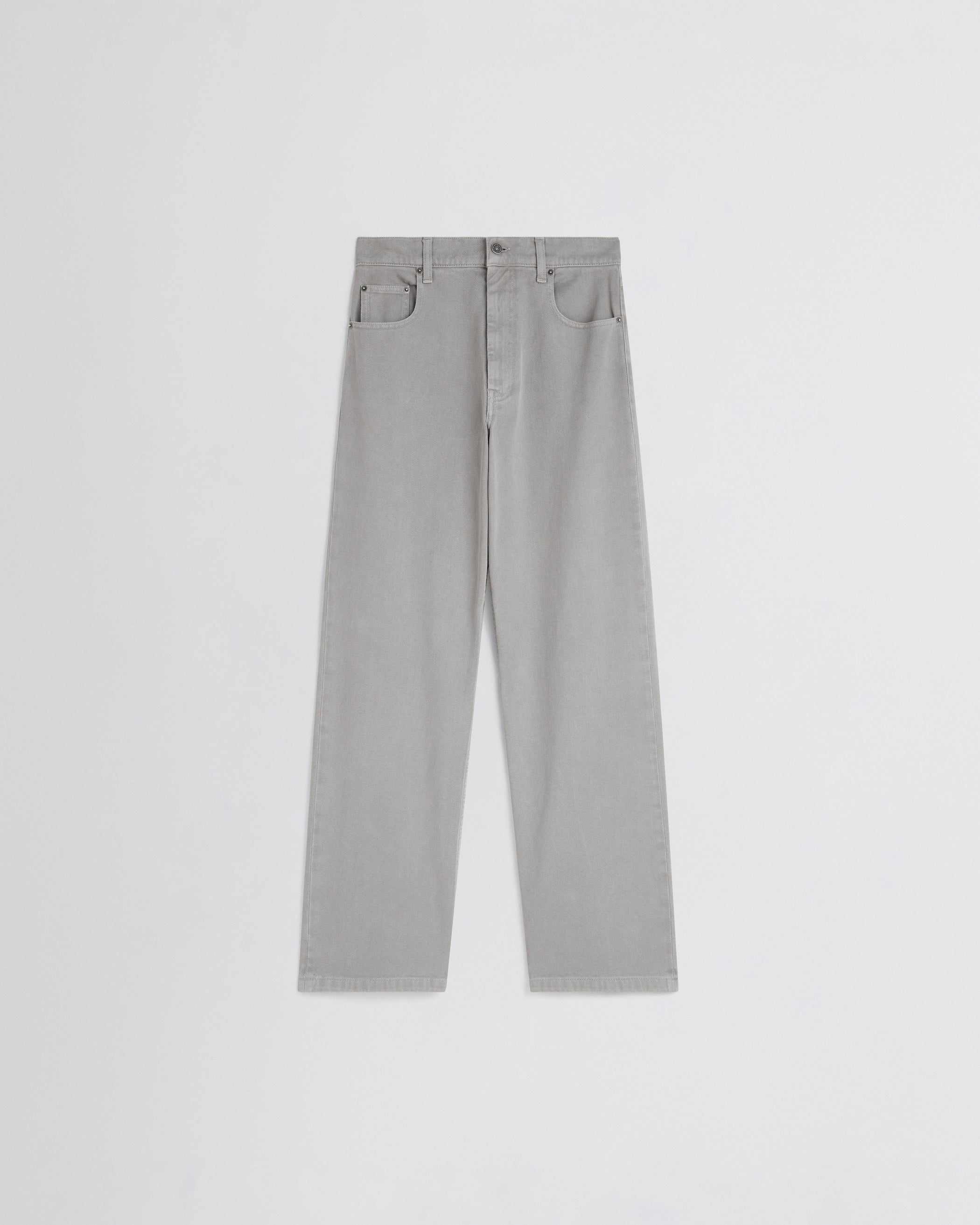 Flat front view of ZIP JEANS in ash grey cotton