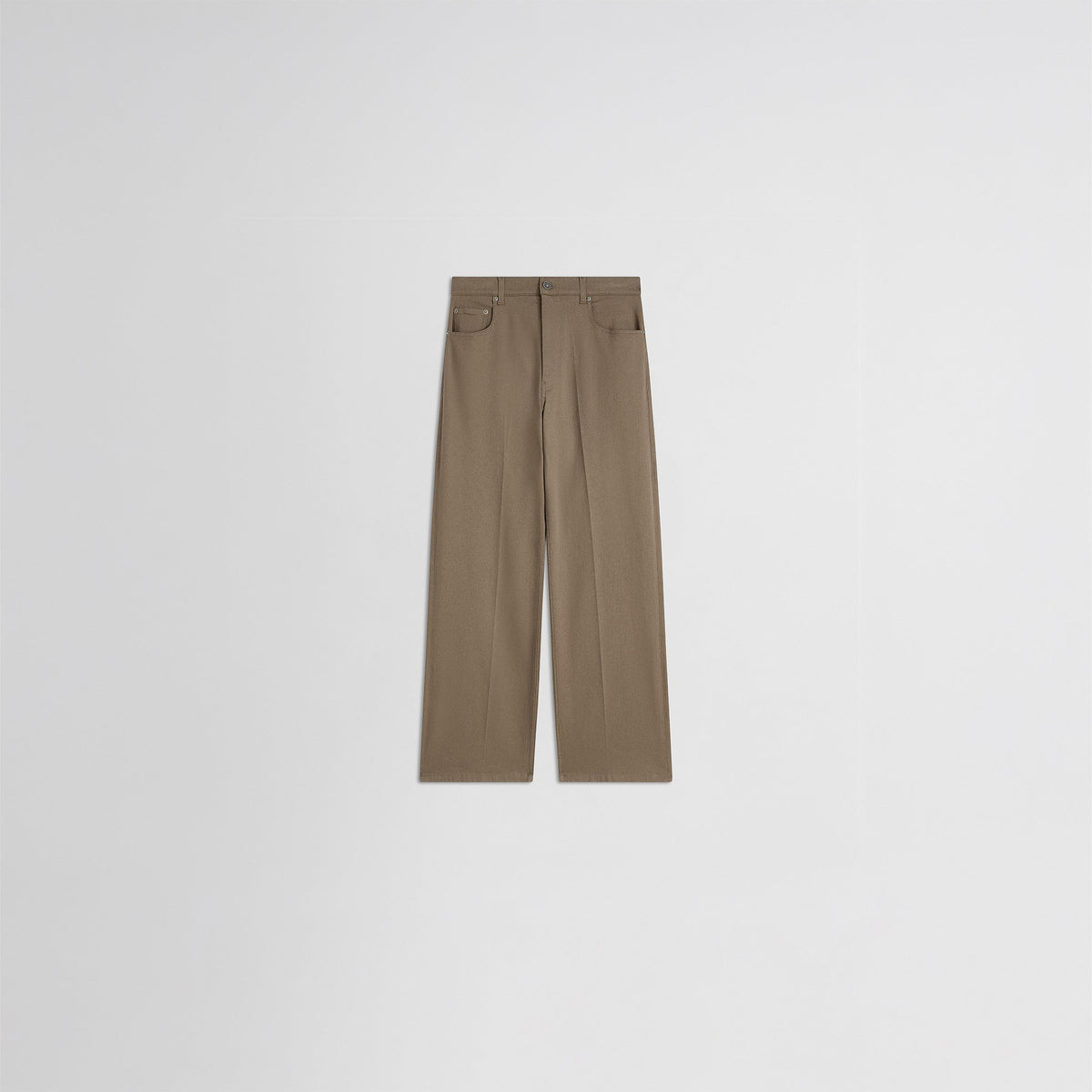 Flat front view of zip jeans in warm khaki cotton