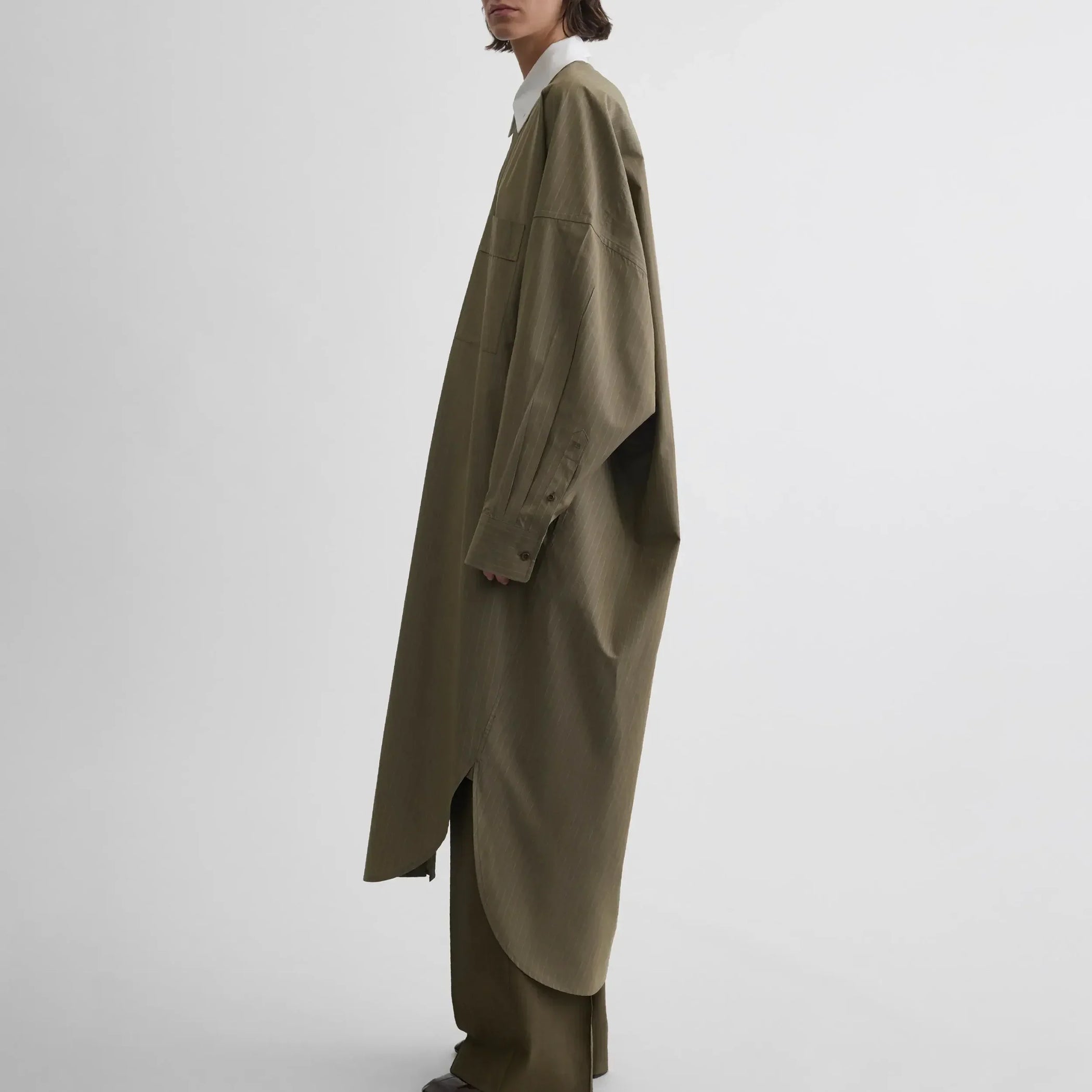 Side view of LONG SHIRT DRESS in tobacco white pinstripe cotton