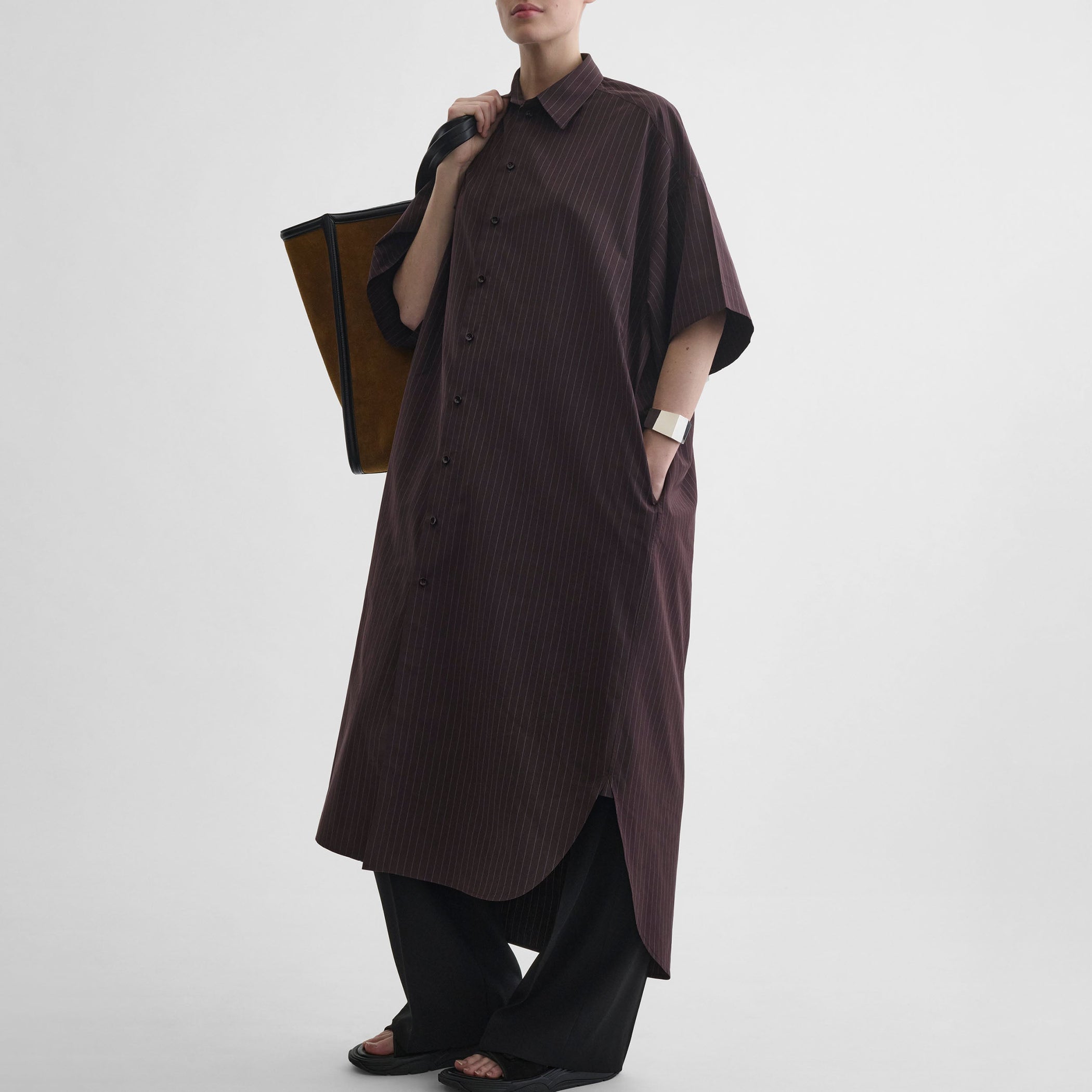 Front view of model wearing LONG SHIRT DRESS in black cherry cotton