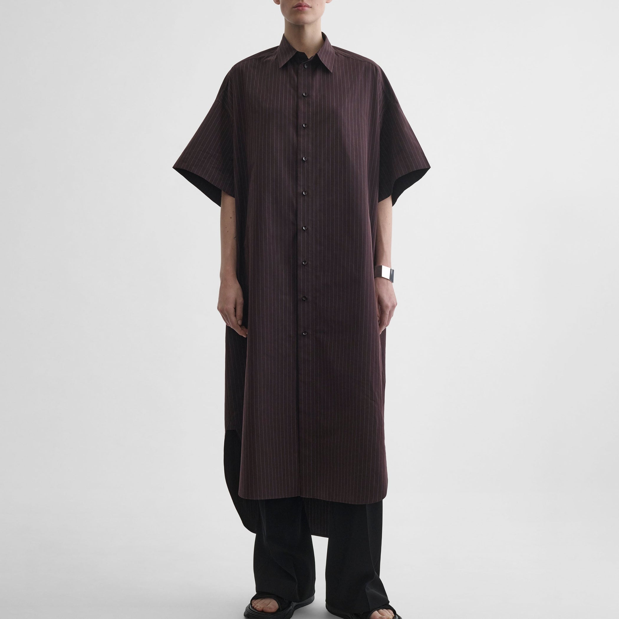 Front view of model wearing LONG SHIRT DRESS in black cherry cotton