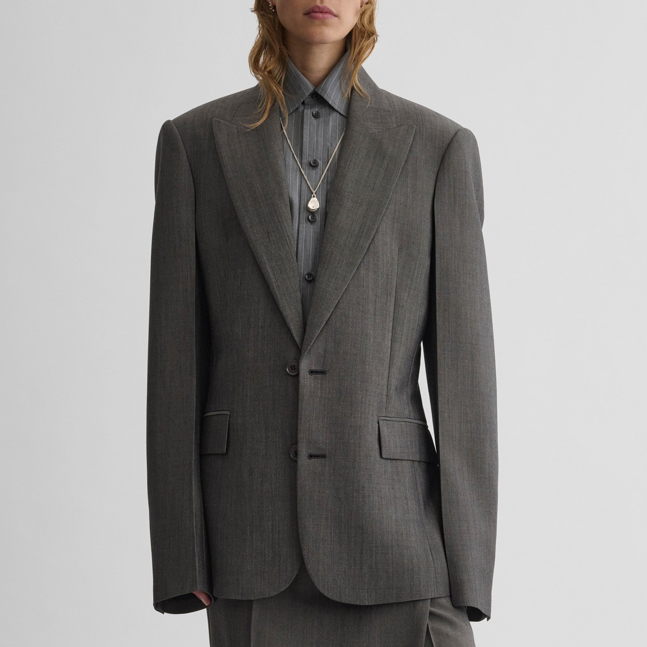 Front view of model wearing SINGLE BREASTED JACKET in dark taupe wool