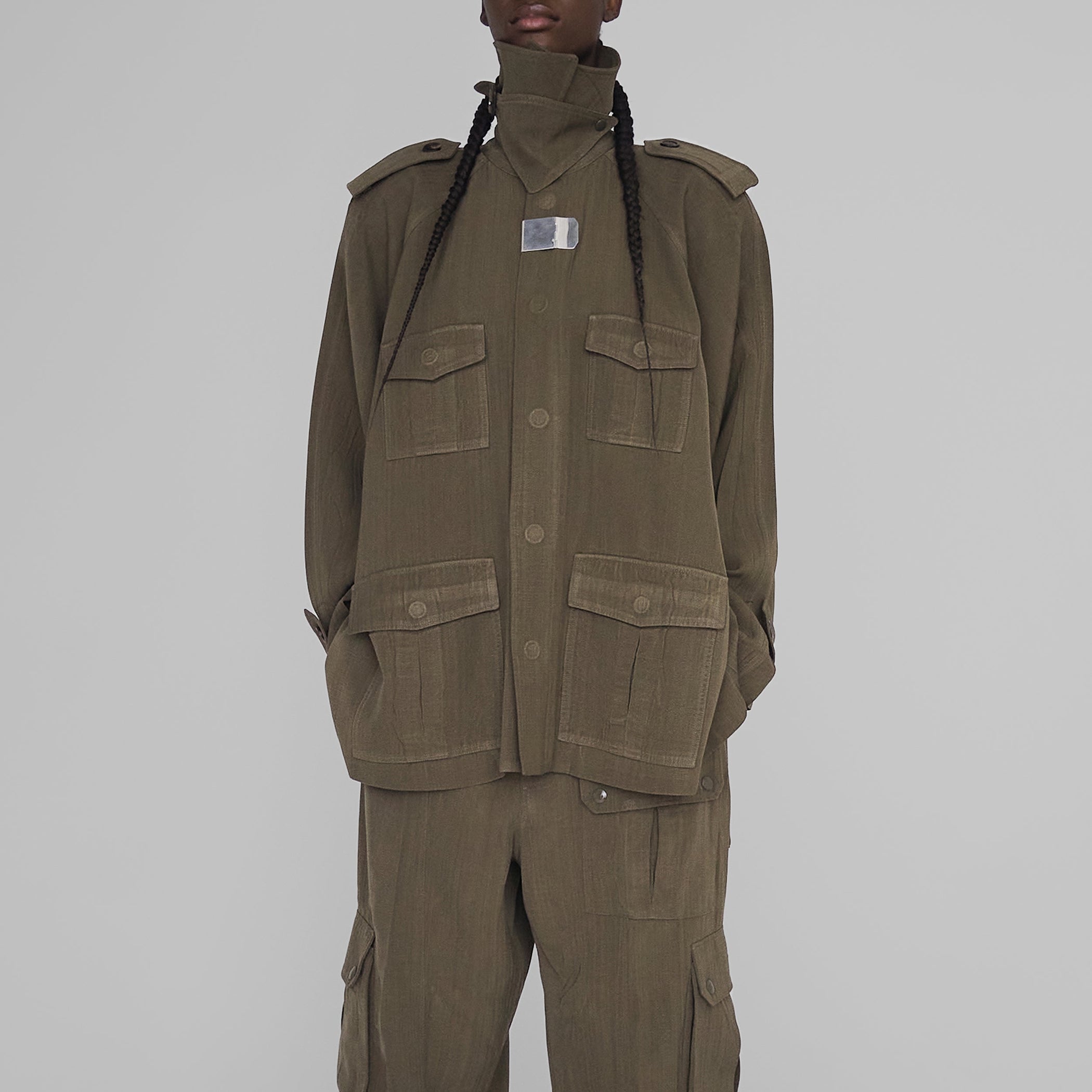 Front view of model wearing SAFARI JACKET in shroom