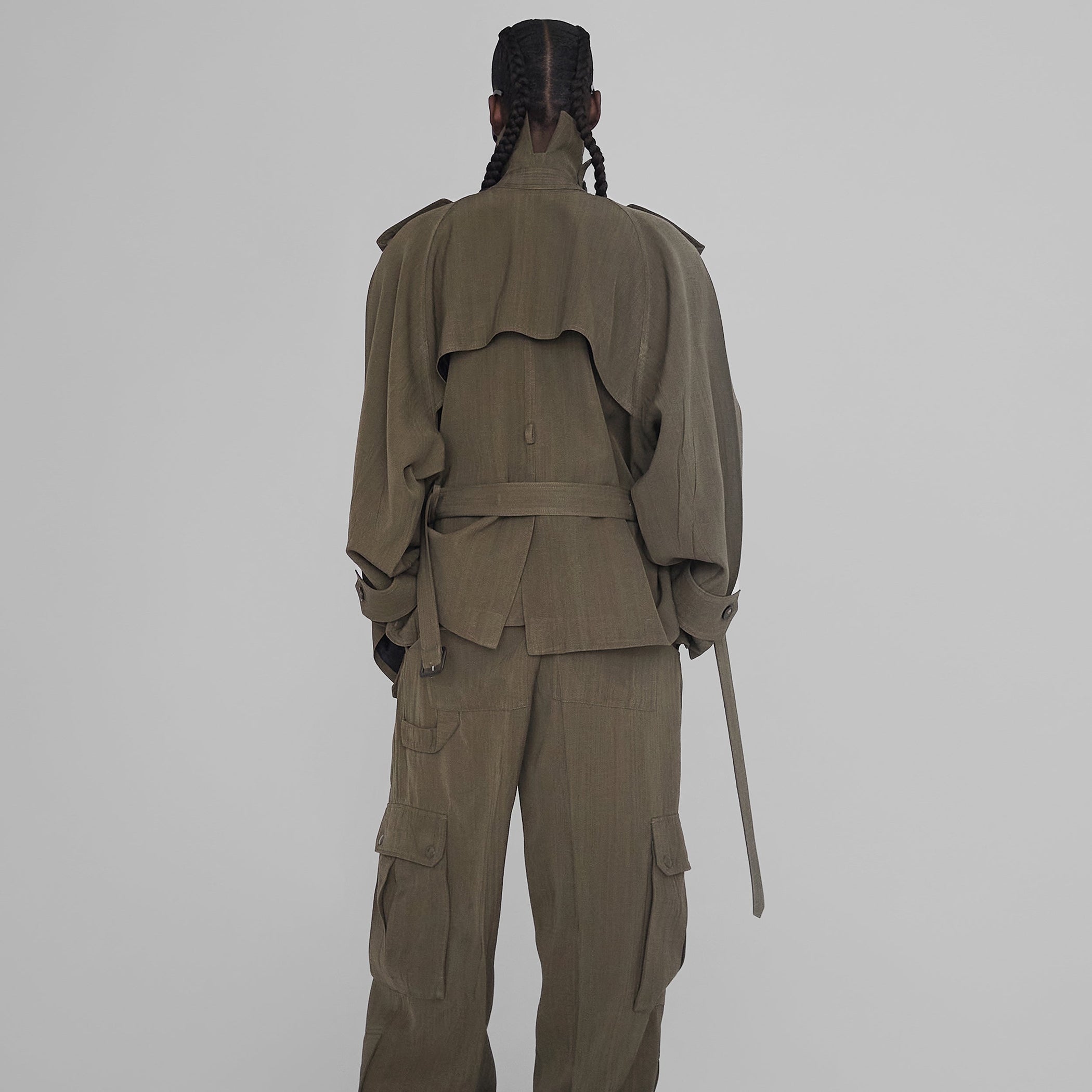 Back view of model wearing SAFARI JACKET in shroom