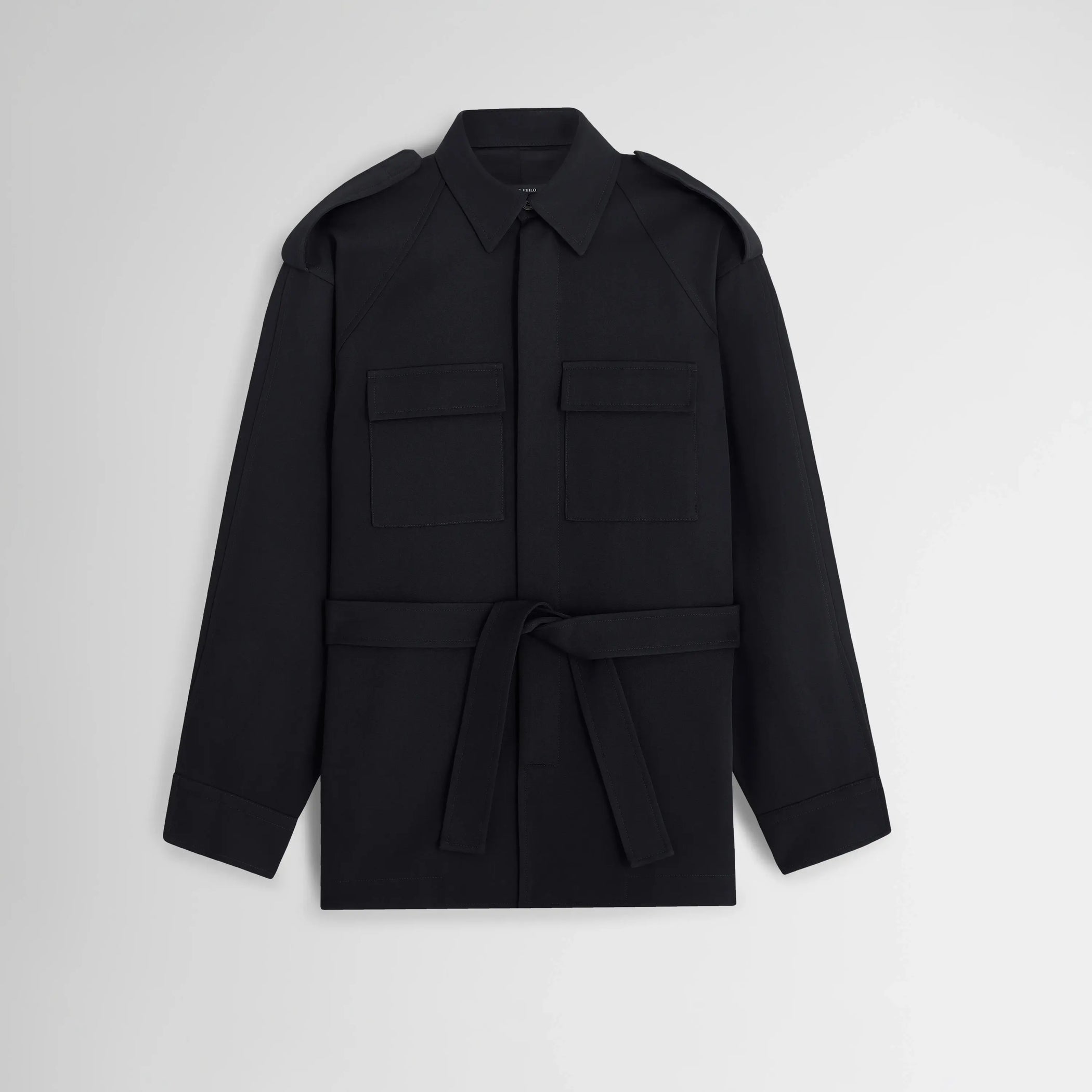 Flat front view of LIGHTWEIGHT SHIRT JACKET in black wool