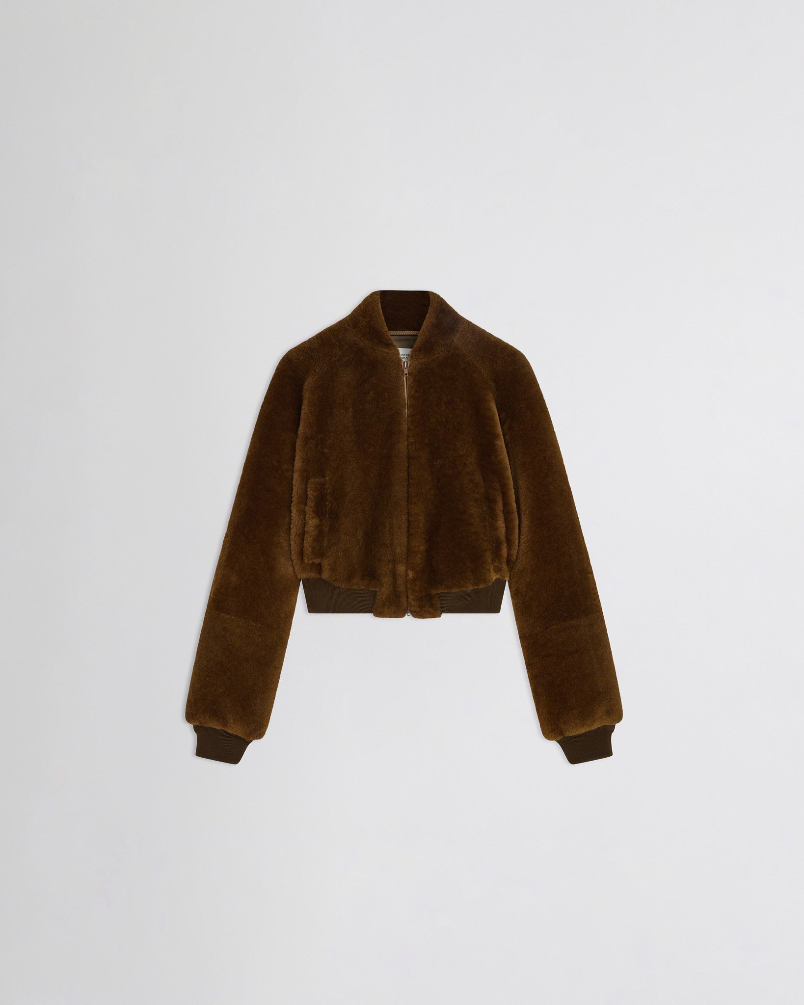Flat front view of Super Soft Bomber Jacket in ginger shearling