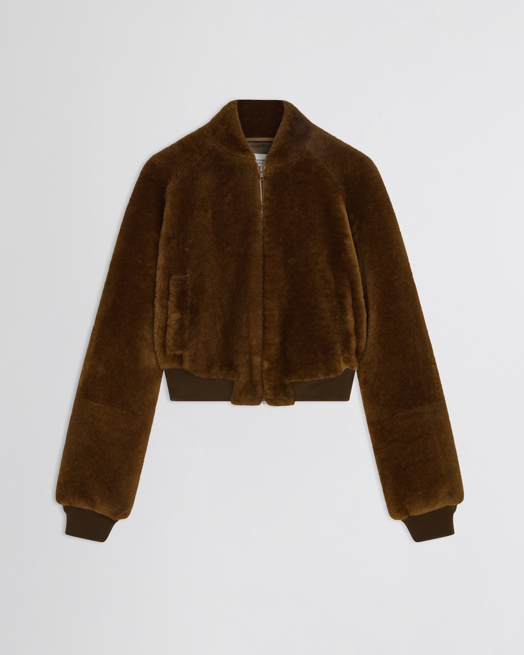 Flat front view of Super Soft Bomber Jacket in ginger shearling
