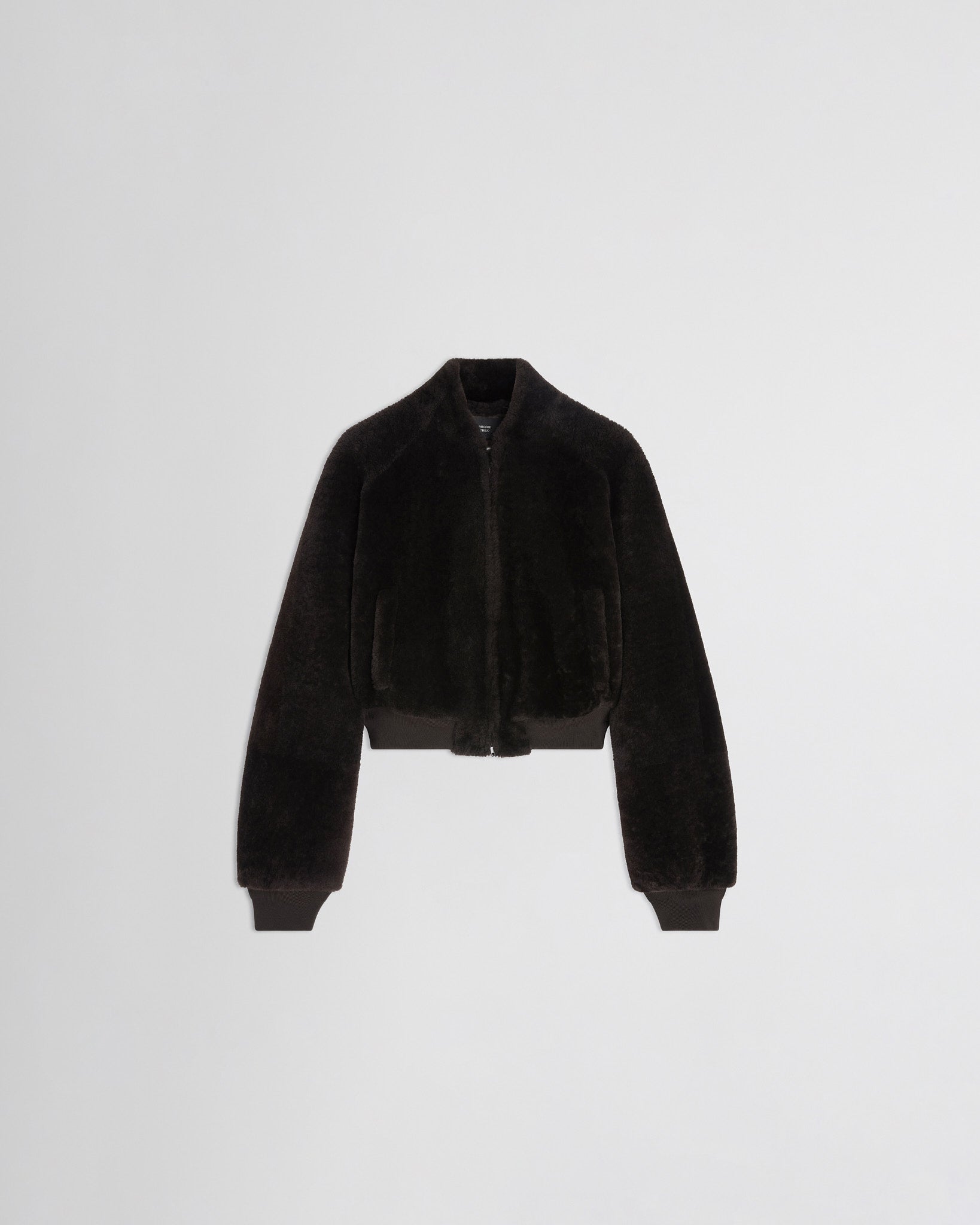 Flat front view of Super Soft Bomber Jacket in deep brown shearling
