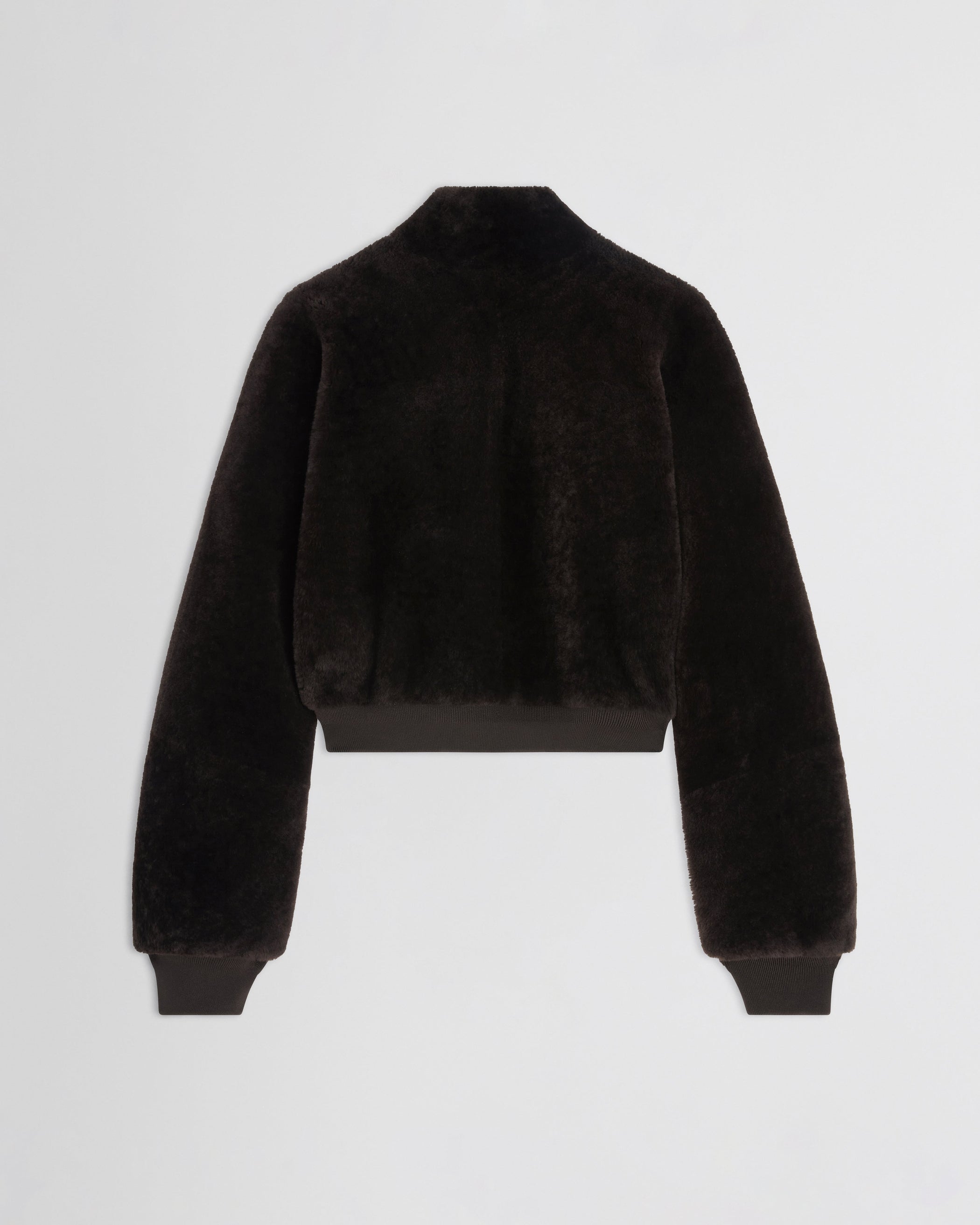 Flat back view of Super Soft Bomber Jacket in deep brown shearling