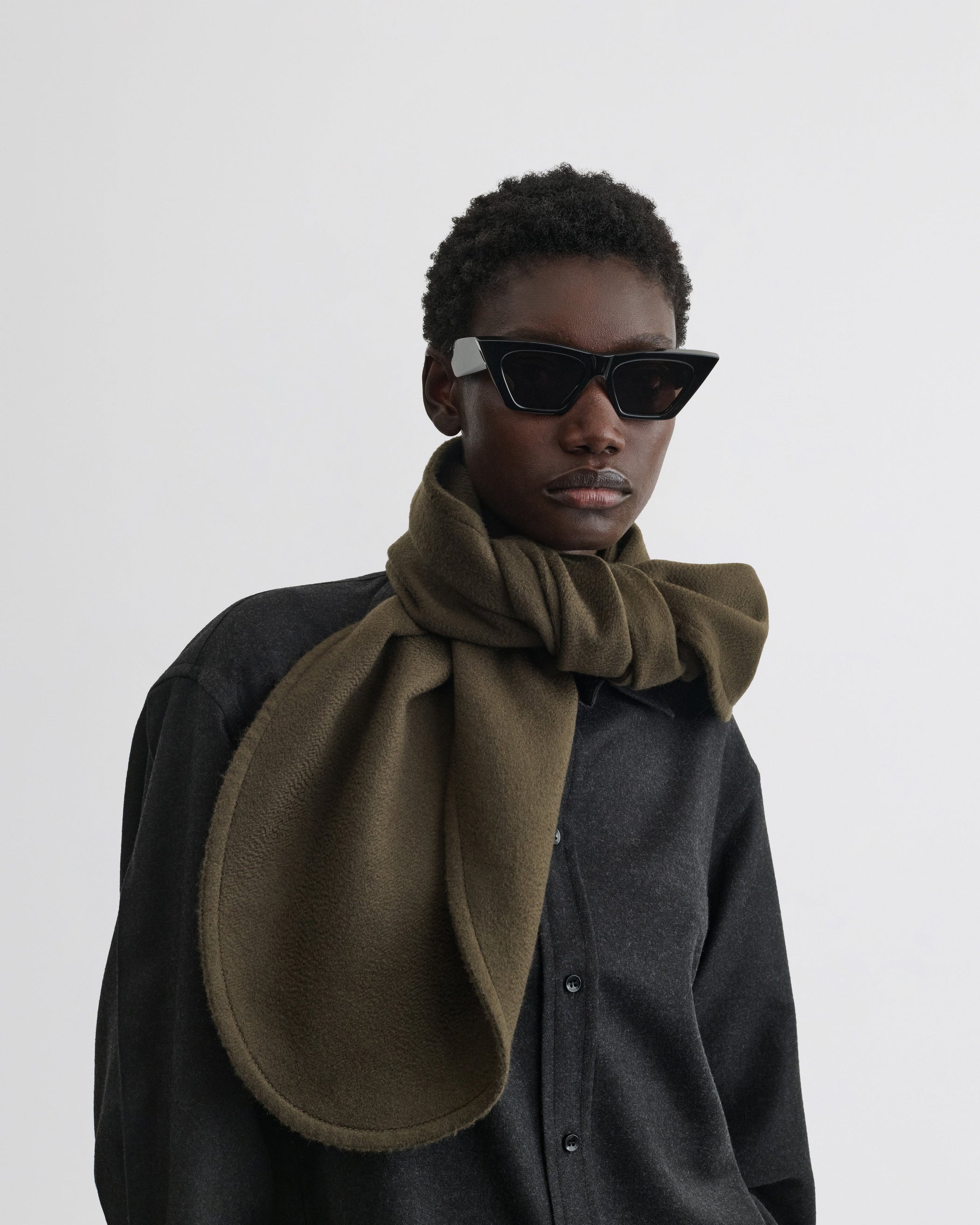 View of Double Face Scarf In Dark Khaki Wool