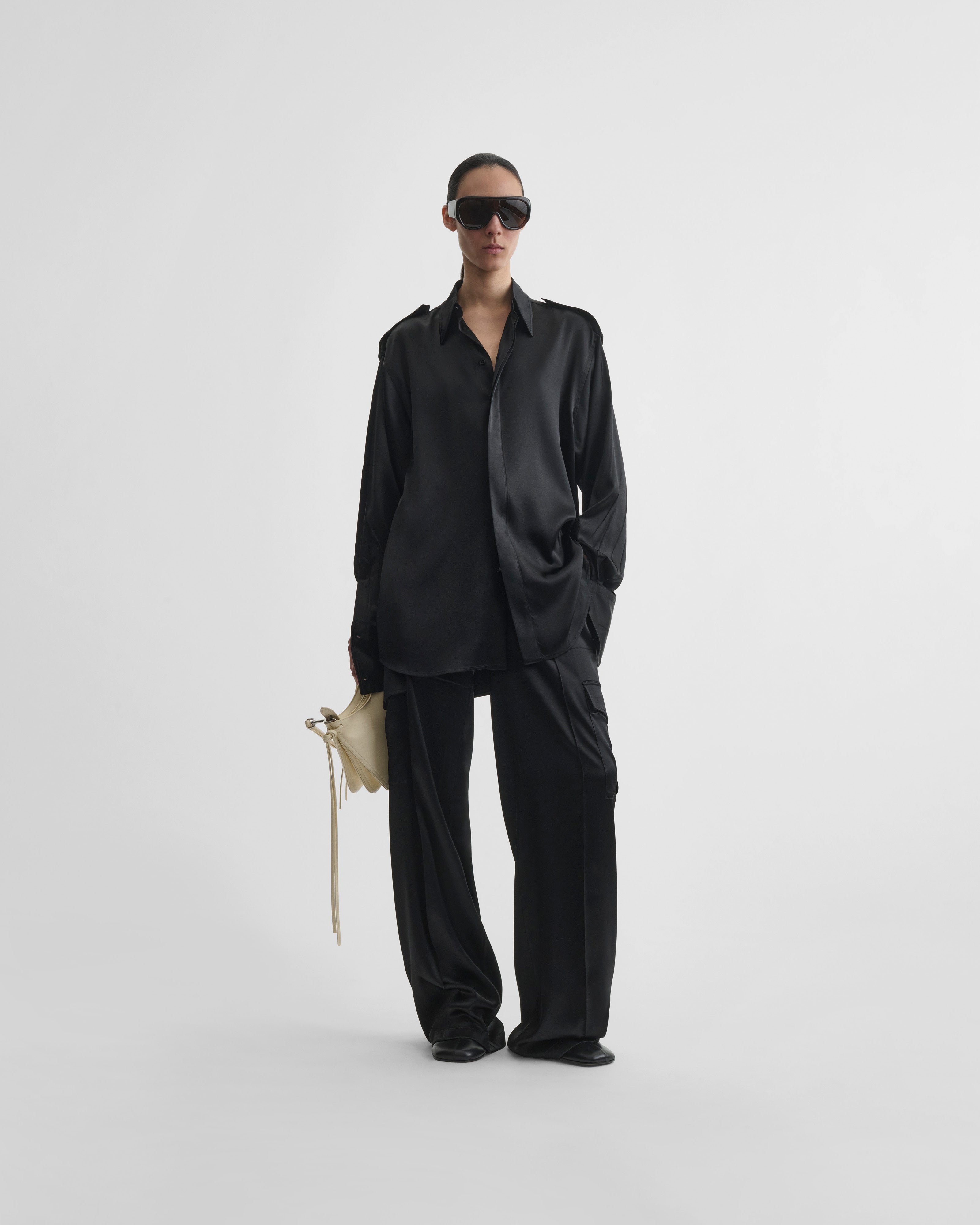 egonlab Phoebe Shirt Collar 44 ベルト付き PHOEBE PHILO | LIQUID UTILITY SHIRT | BLACK SILK SATIN