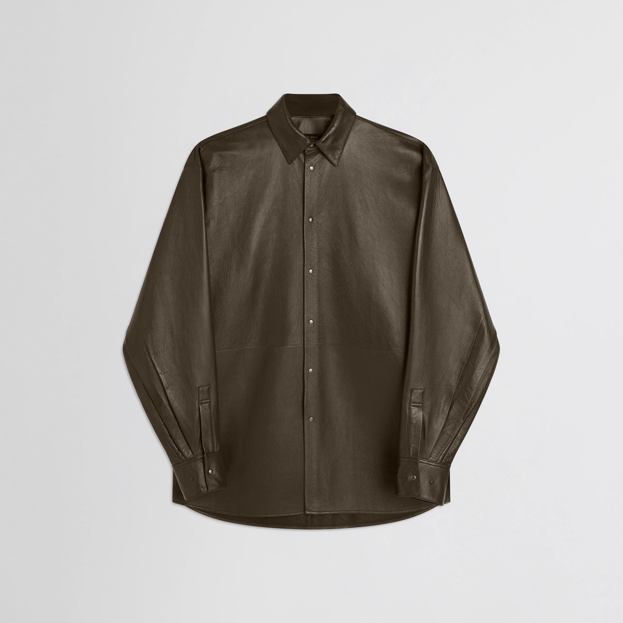 Flat front view of overshirt in green bronze leather.