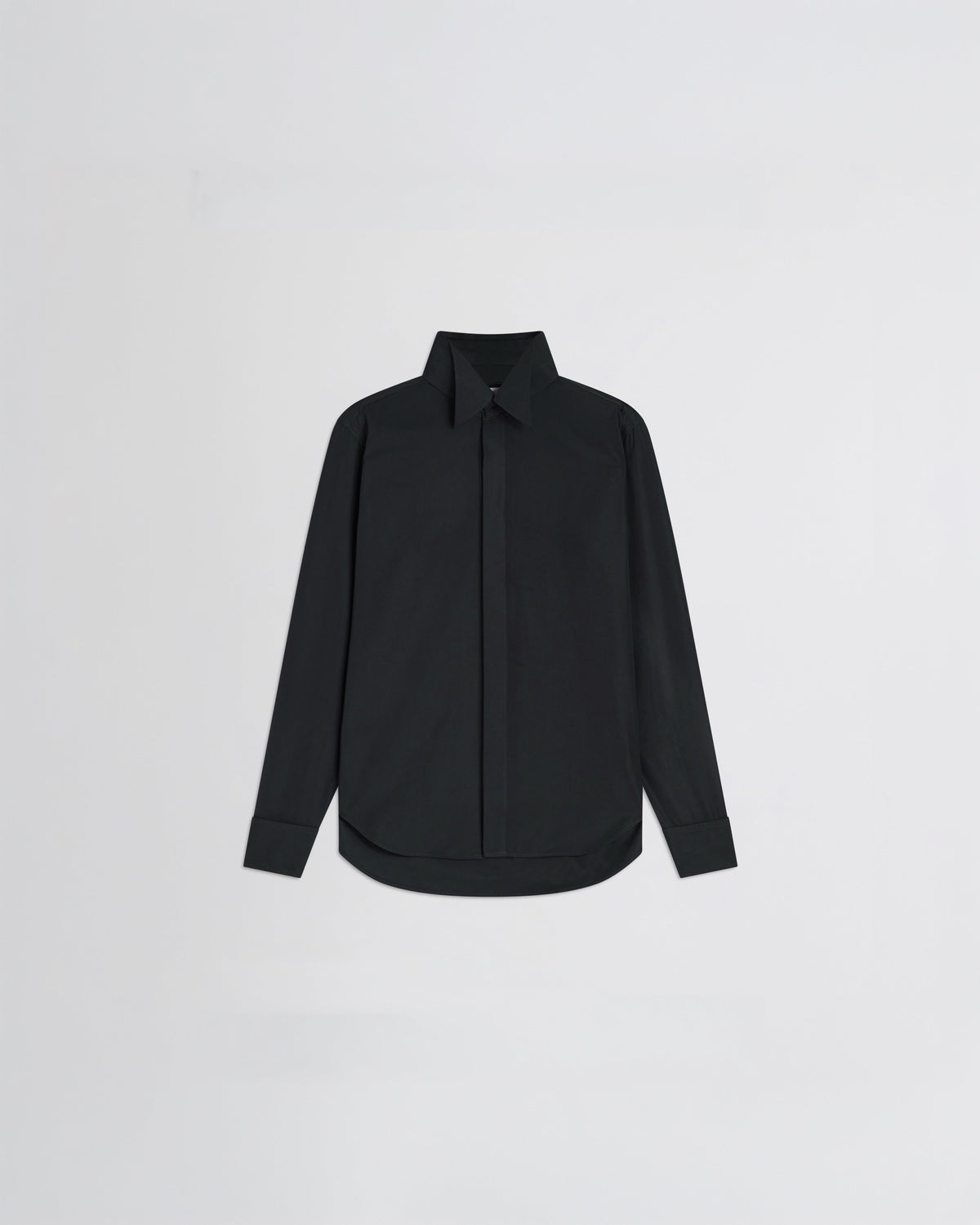 Flat front view of tuxedo shirt in black cotton