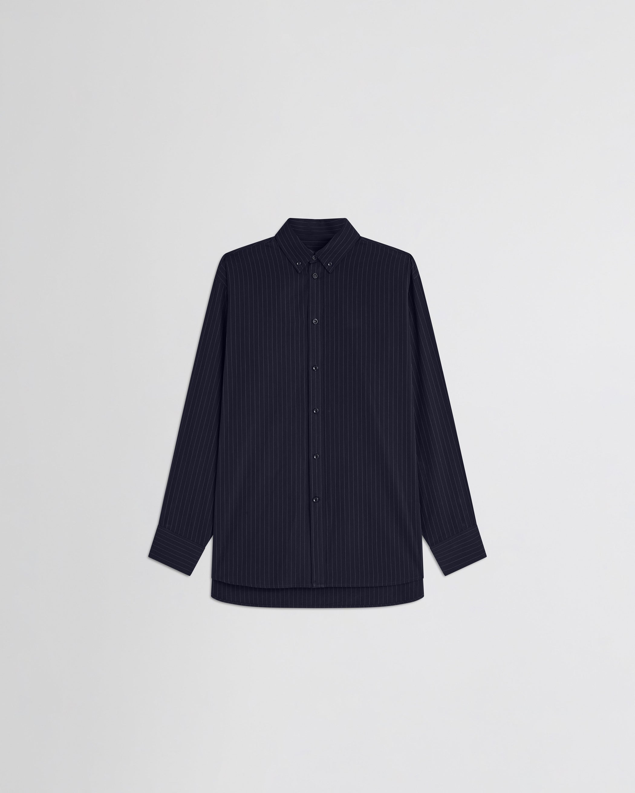 View of button collar shirt in midnight pinstripe cotton