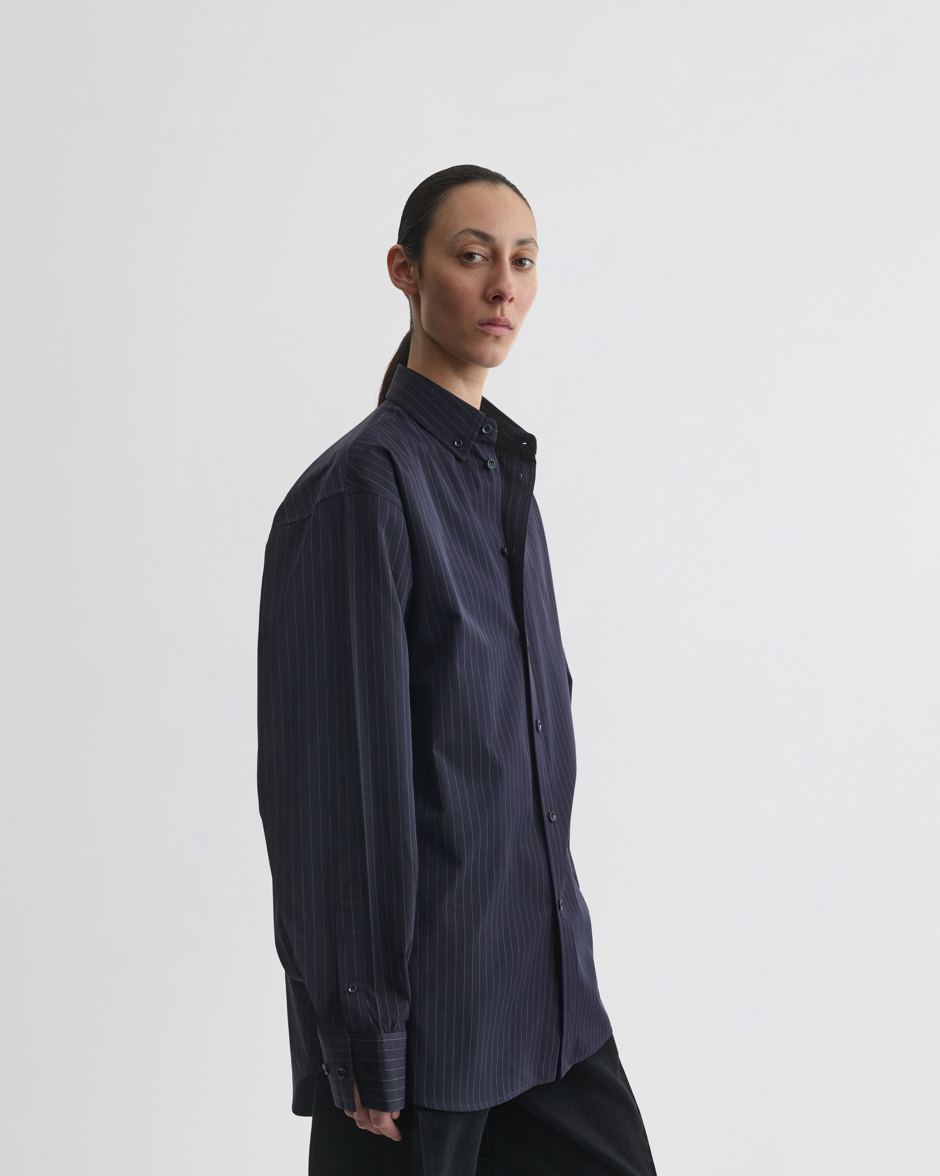 egonlab Phoebe Shirt Collar 46 ベルト付き PHOEBE PHILO | BUTTON COLLAR SHIRT | MIDNIGHT PINSTRIPE COTTON
