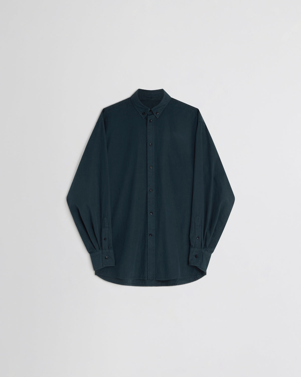 Front view of BUTTON COLLAR SHIRT in black ink cotton