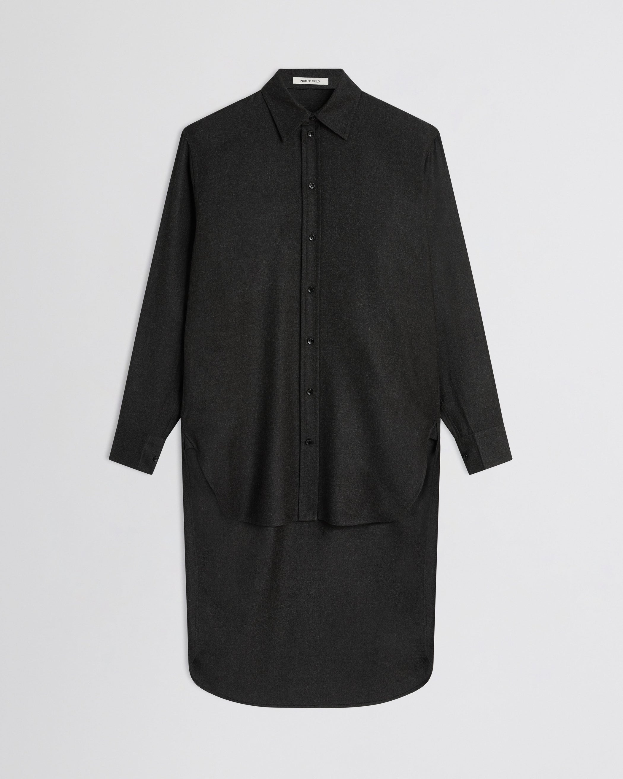 Flat front view of Elongated Shirt in charcoal wool