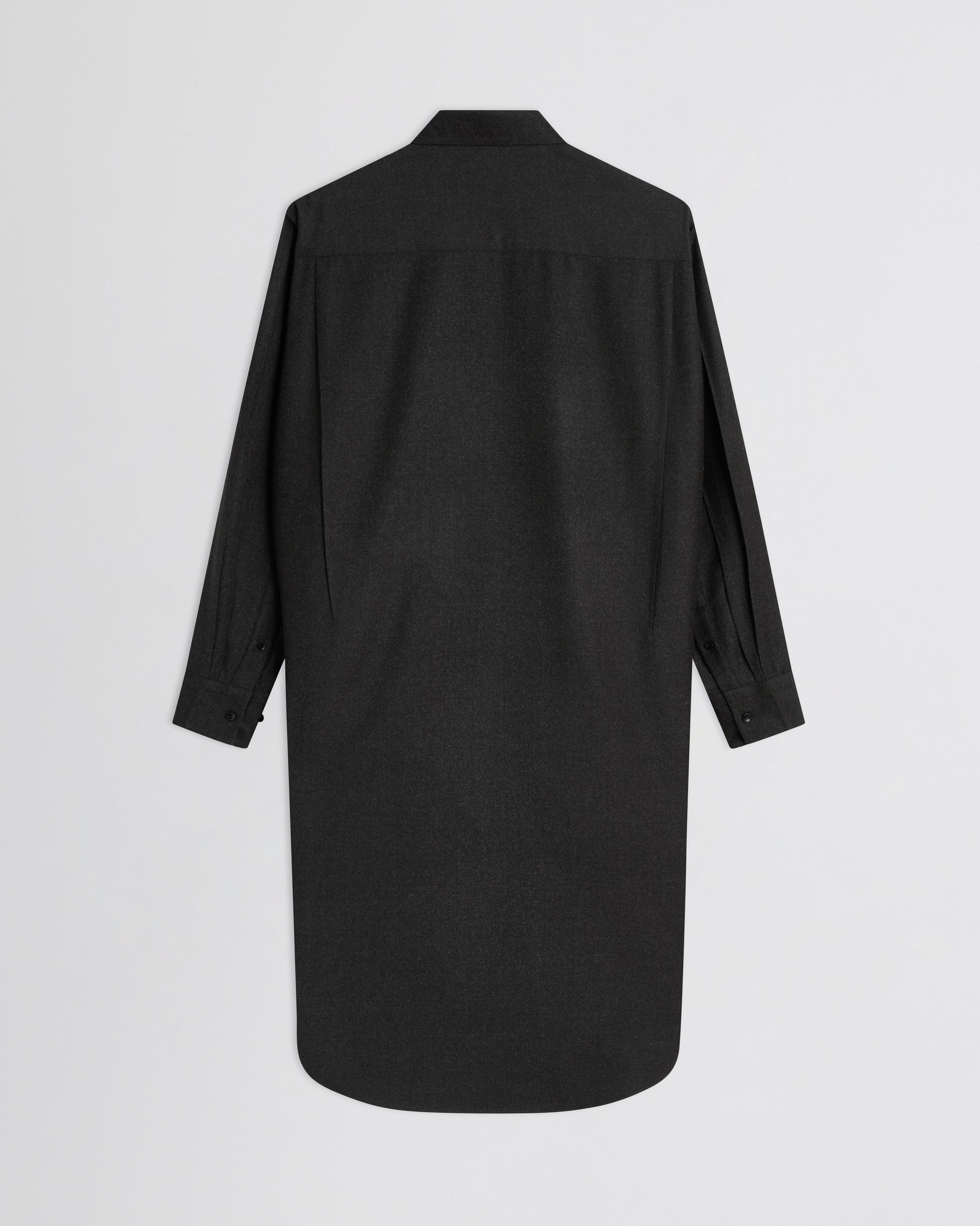 Flat back view of Elongated Shirt in charcoal wool