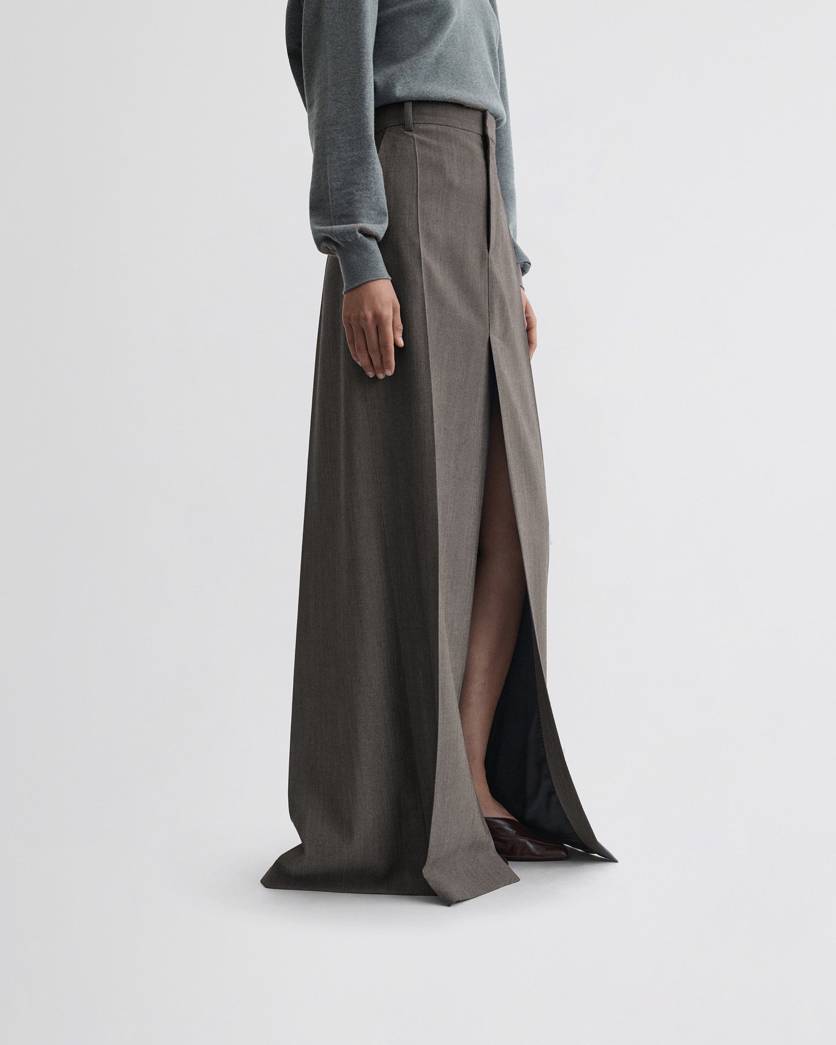 PHOEBE PHILO | DOUBLE SLIT TAILORED SKIRT | DARK TAUPE WOOL