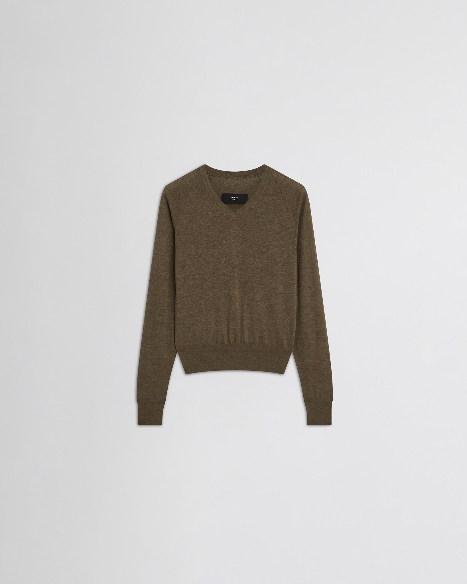 Flat front view of shrunk v-neck in taupe wool