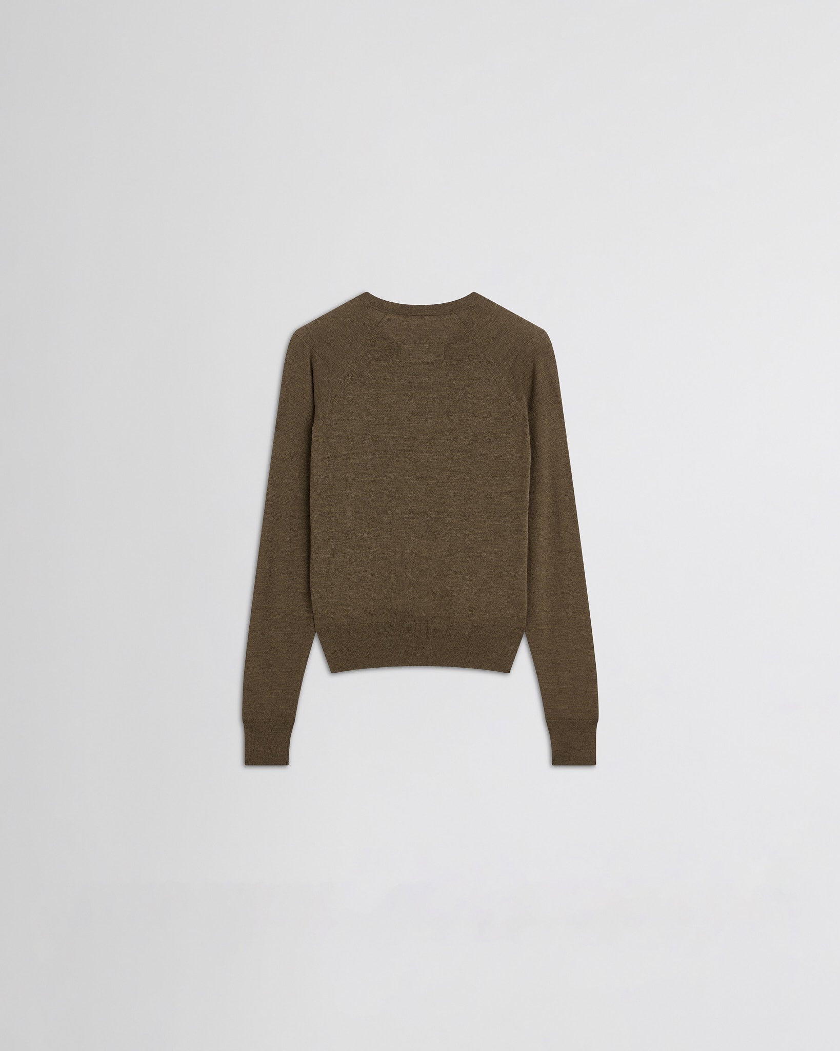 Flat back view of shrunk v-neck in taupe wool