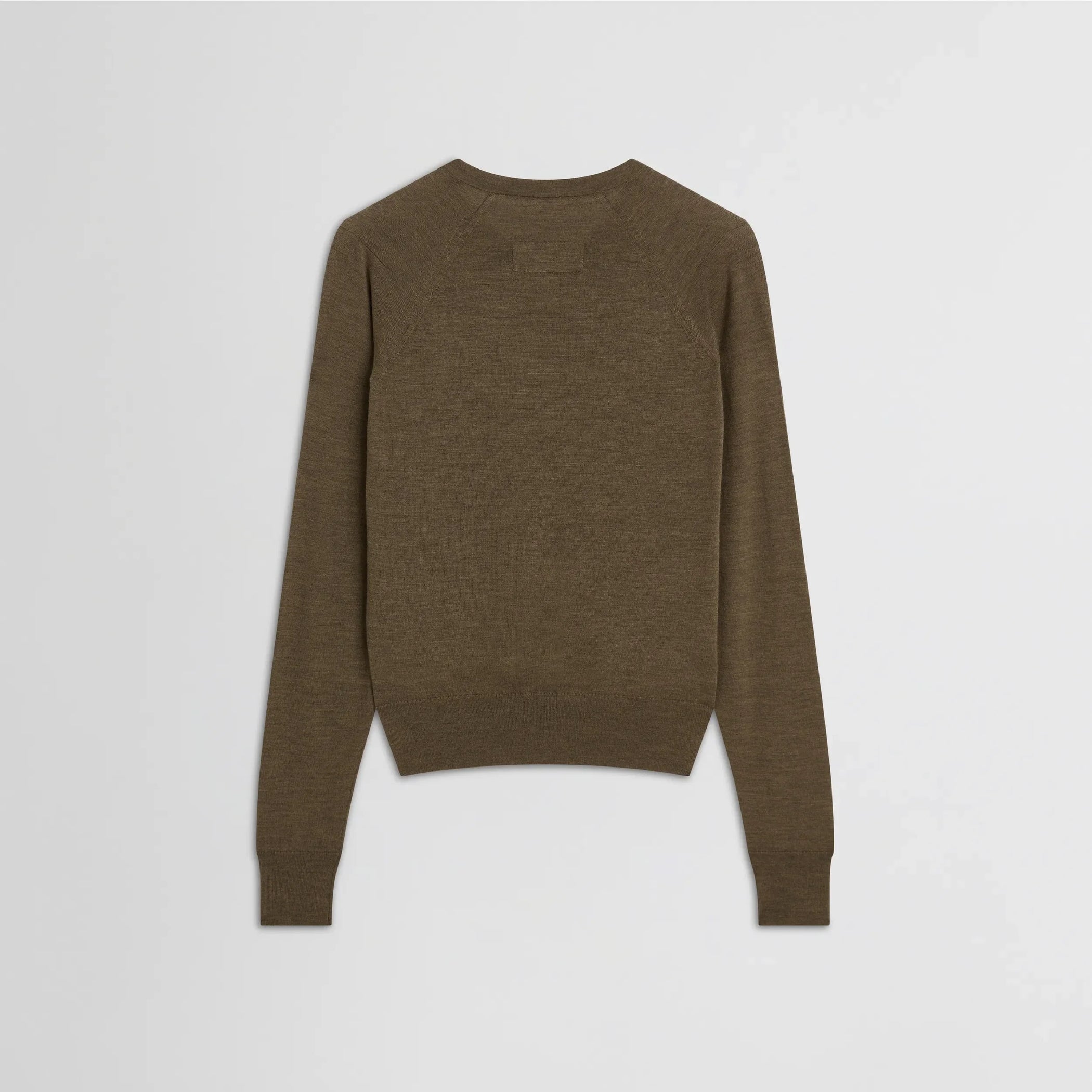 Flat back view of shrunk v-neck in taupe wool