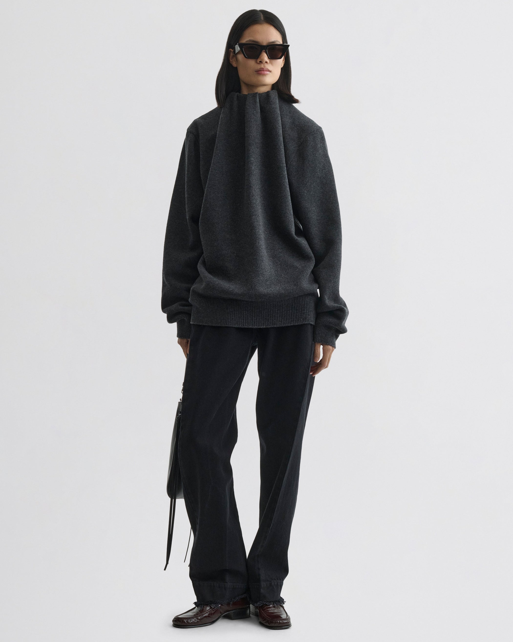 Front view of model wearing SOFT RIDGE JUMPER in grey melange wool