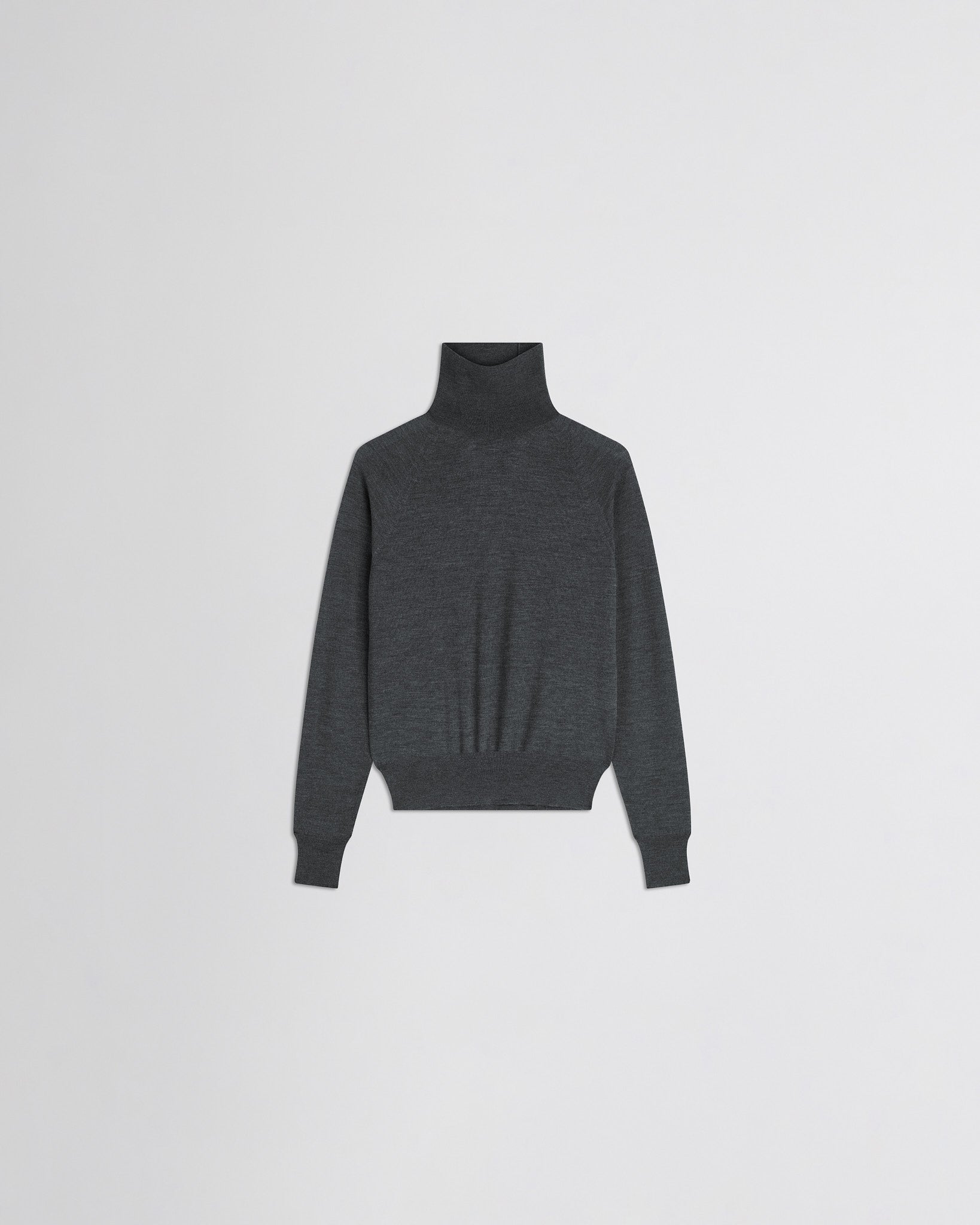 Flat front view of high neck jumper in anthracite-melange wool