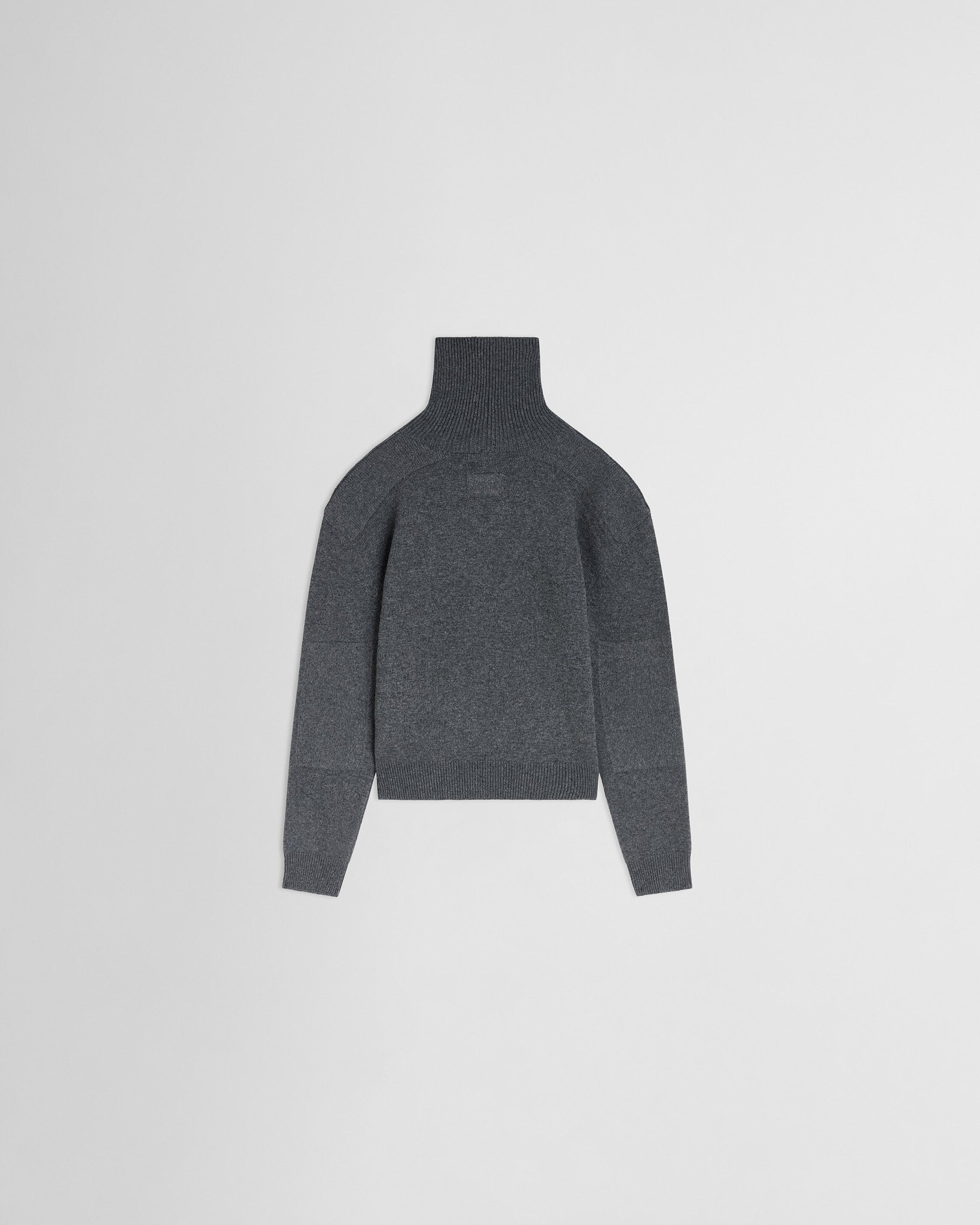 Flat back view of Patch Shoulder Jumper in grey melange wool cashmere