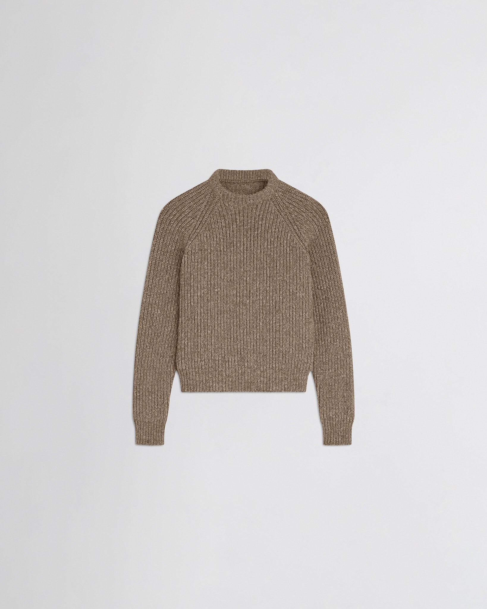 Flat front view of mouline jumper in camel wool