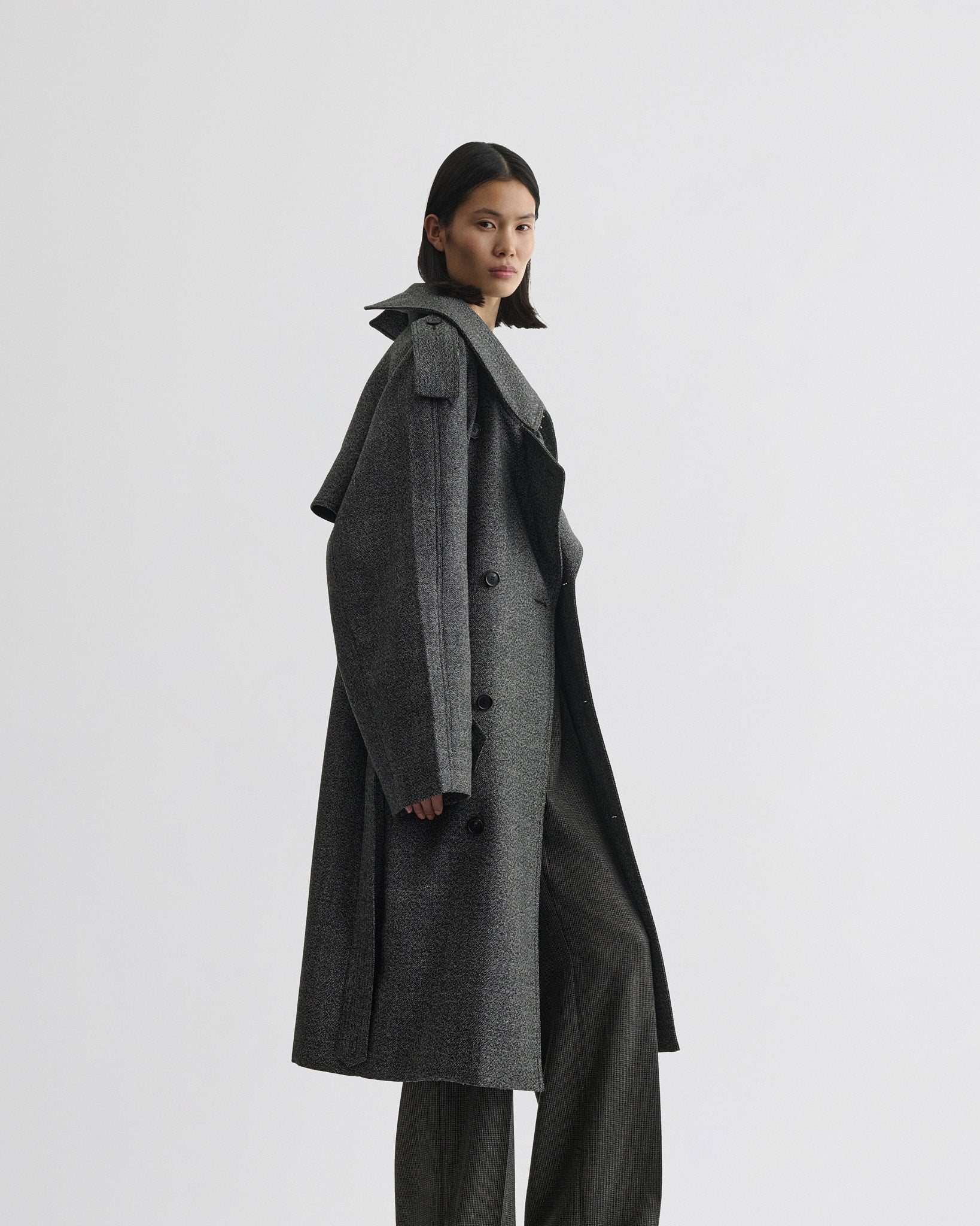 PHOEBE PHILO US | PADDED TRENCH COAT | salt and pepper wool