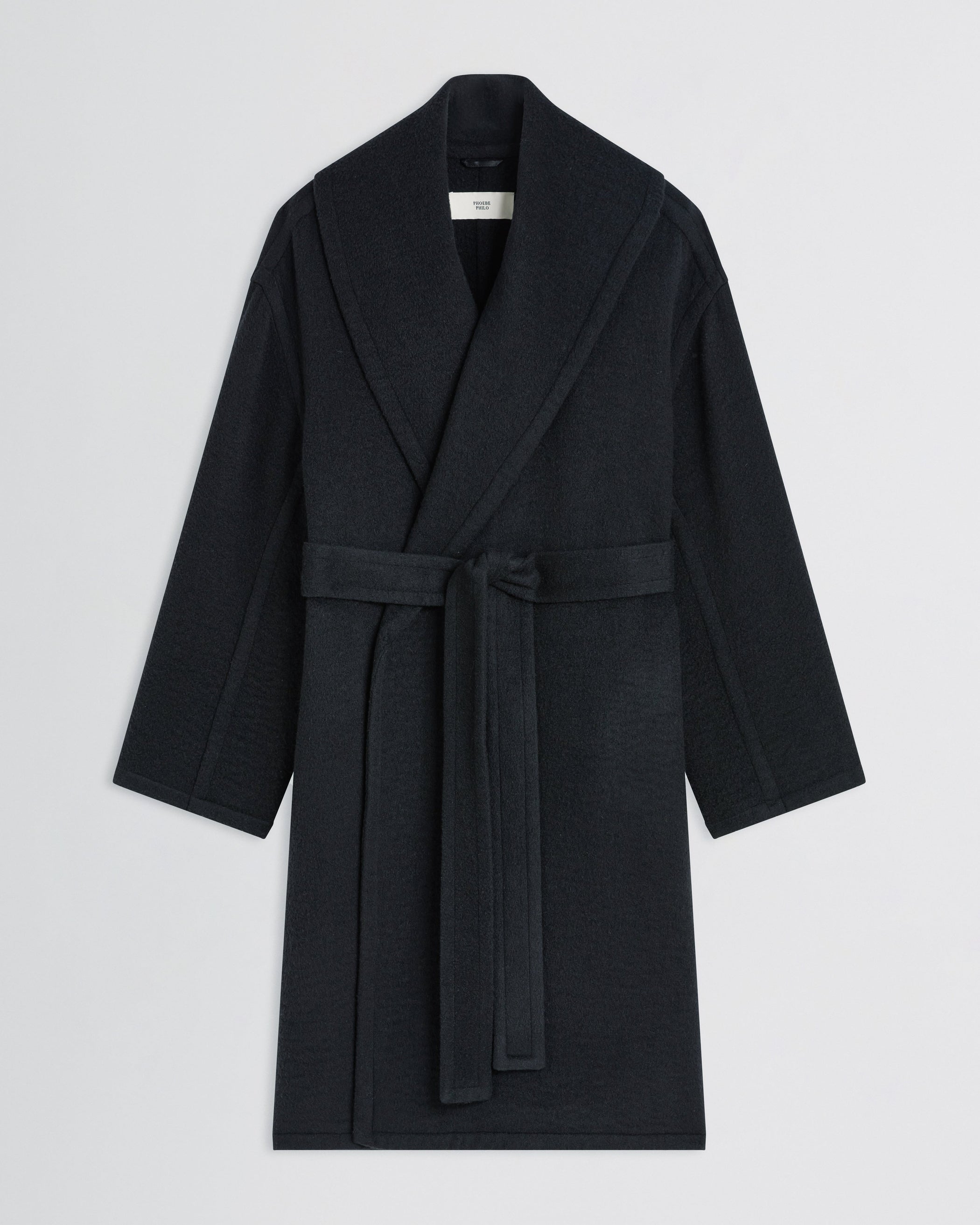 Flat front view of ROBE COAT in black cashmere