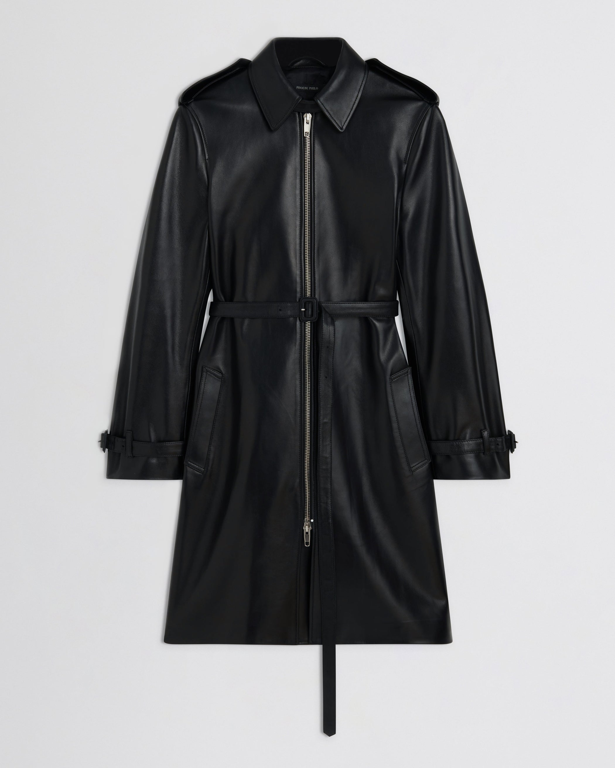 Flat front view of Short Trench in black leather